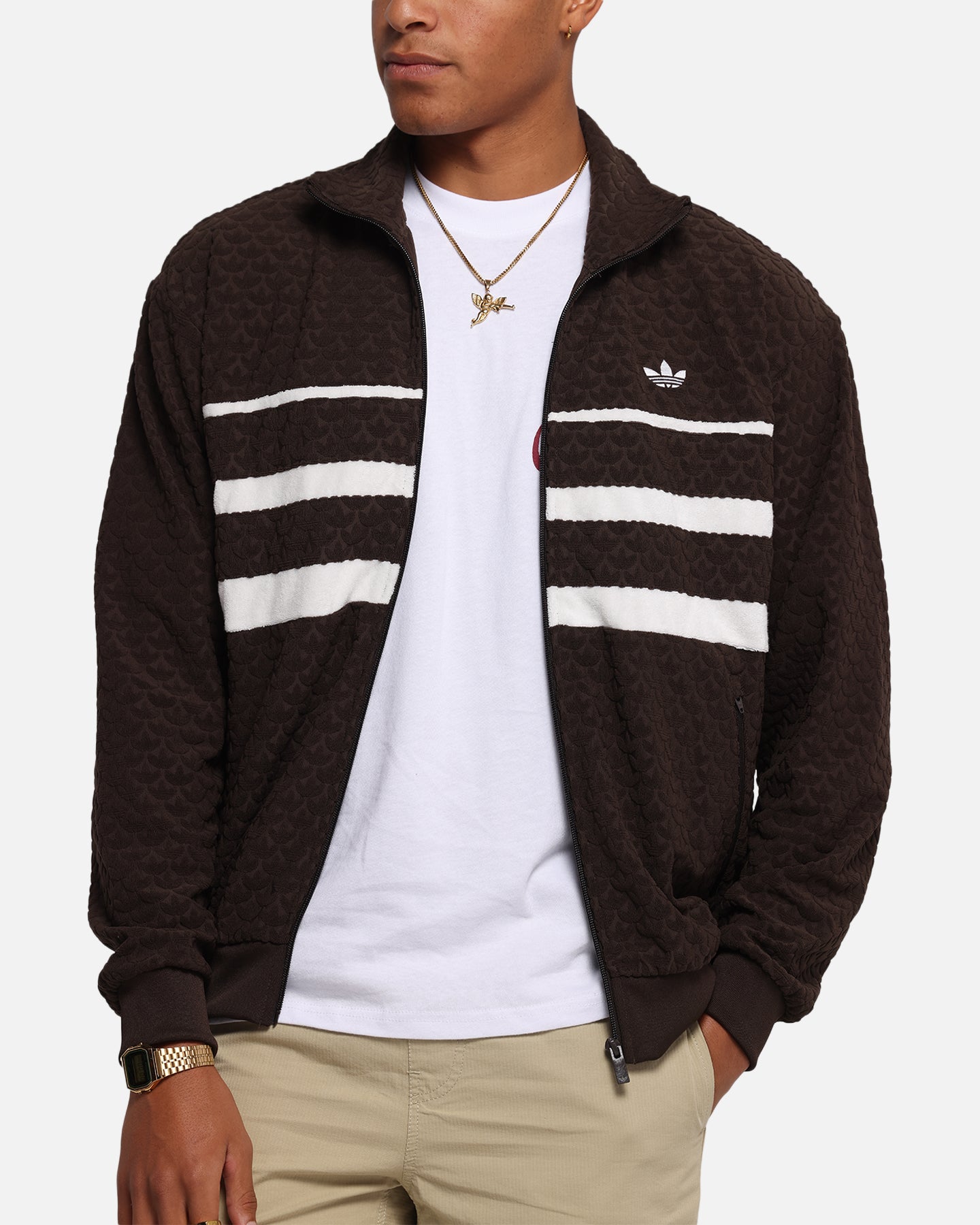 Adidas Monogram Track Top Jacket for Men - Dark Brown Athletic Running Jacket with Hood | Stylish Streetwear for Gym, Running & Casual Outfits