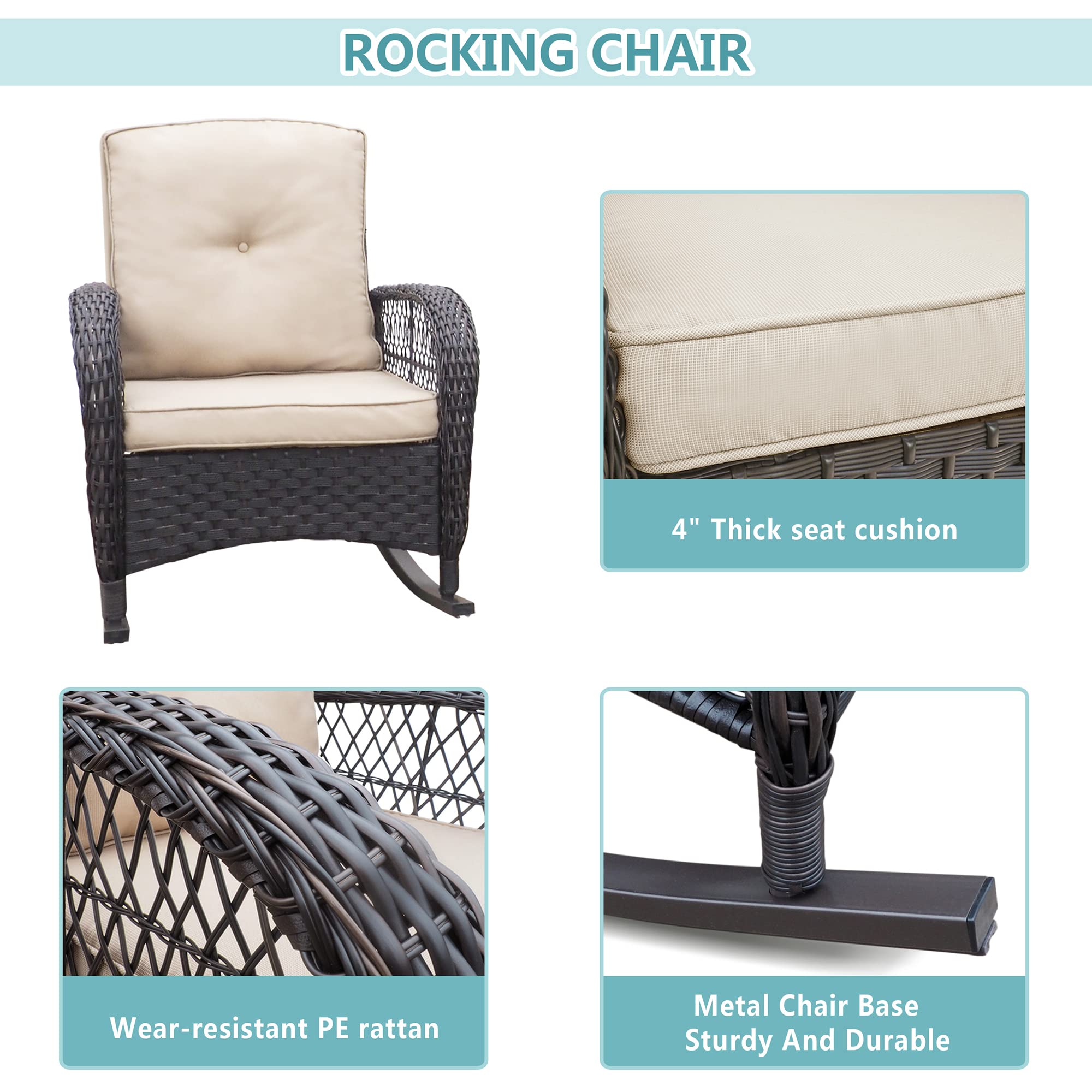 3-Piece Rattan Rocking Chair Set with Khaki Cushions & Coffee Table - All-Weather Resin Wicker Patio Furniture for Backyard, Garden & Living Room | Perfect for Outdoor Relaxation, Porch Sitting & Home Decor