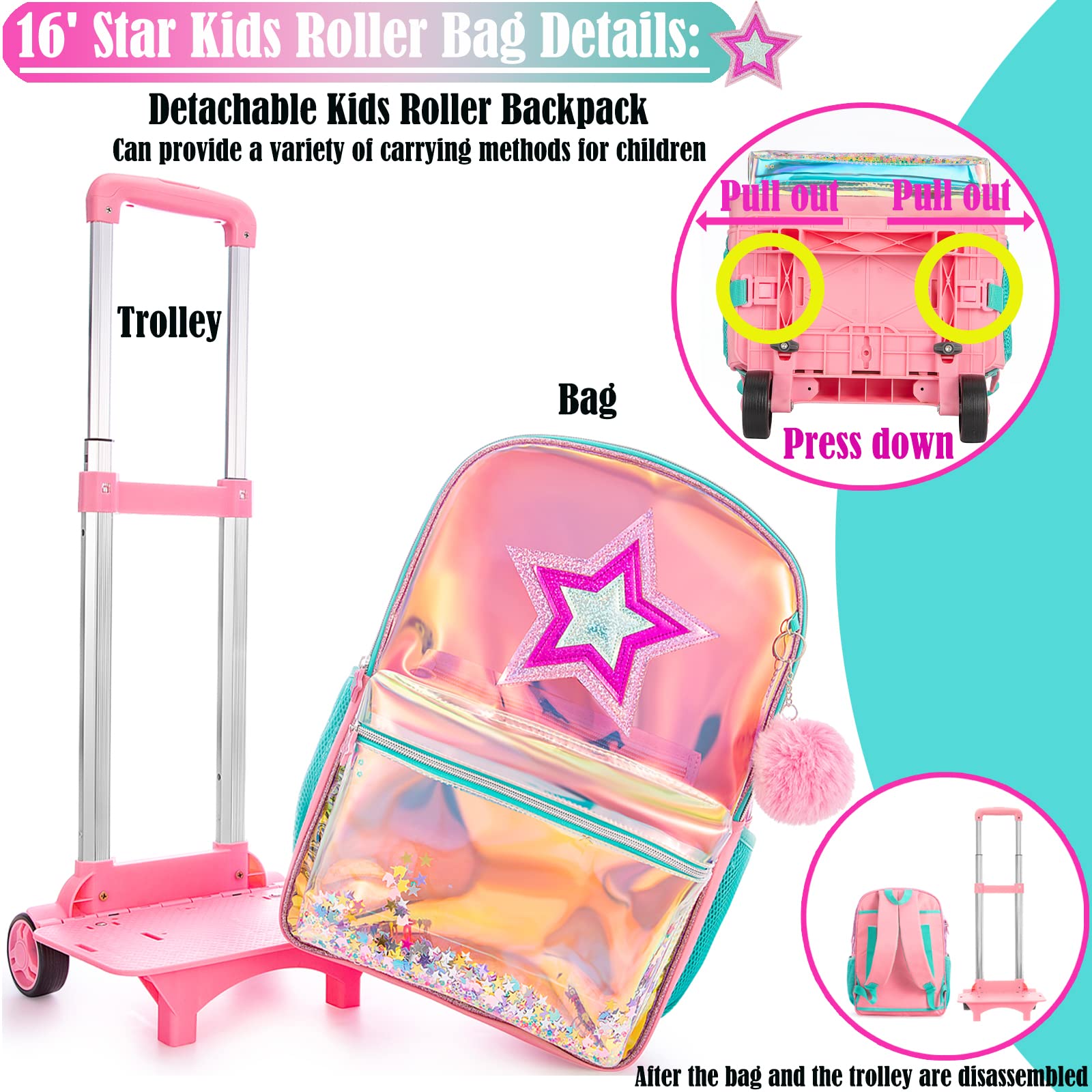 **Egchescebo Rolling Backpack for Girls - Pink Wheeled School Backpack with Lunch Box (3-Piece Set) - Perfect for School, Travel & Daily Use**
