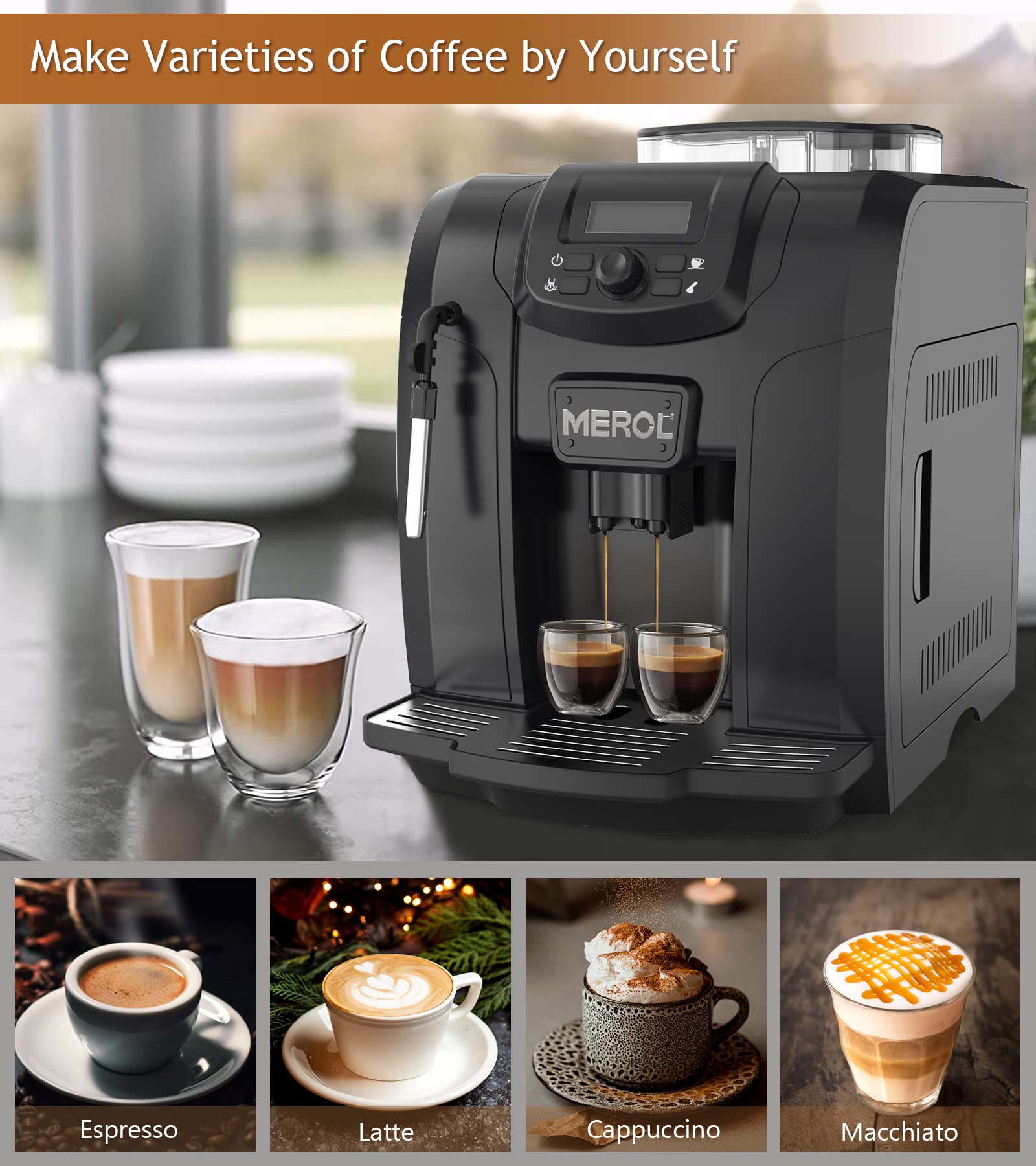 Fully Automatic Espresso Coffee Machine 19 Bar with Built-in Adjustable Grinder & Milk Frother - Perfect for Cappuccino, Latte, Macchiato - Ideal for Home Baristas & Coffee Lovers (ME-715, Black) - Great for Kitchen, Office, and Coffee Shops