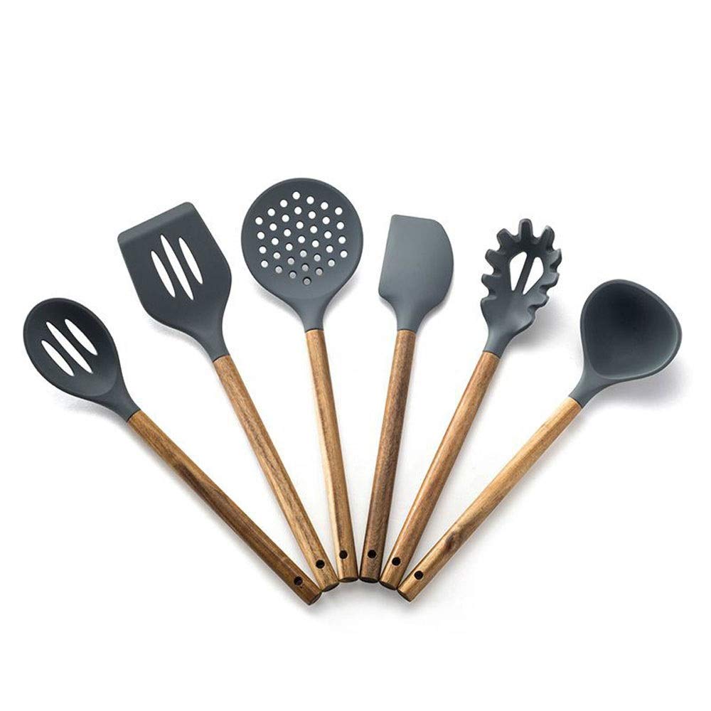 Premium 6-Piece Silicone Kitchen Utensil Set with Acacia Wood Handles - Spatula, Spoon, Colander & More for Cooking, Baking & Non-Stick Pans - Ideal for Home Chefs & Gift Giving