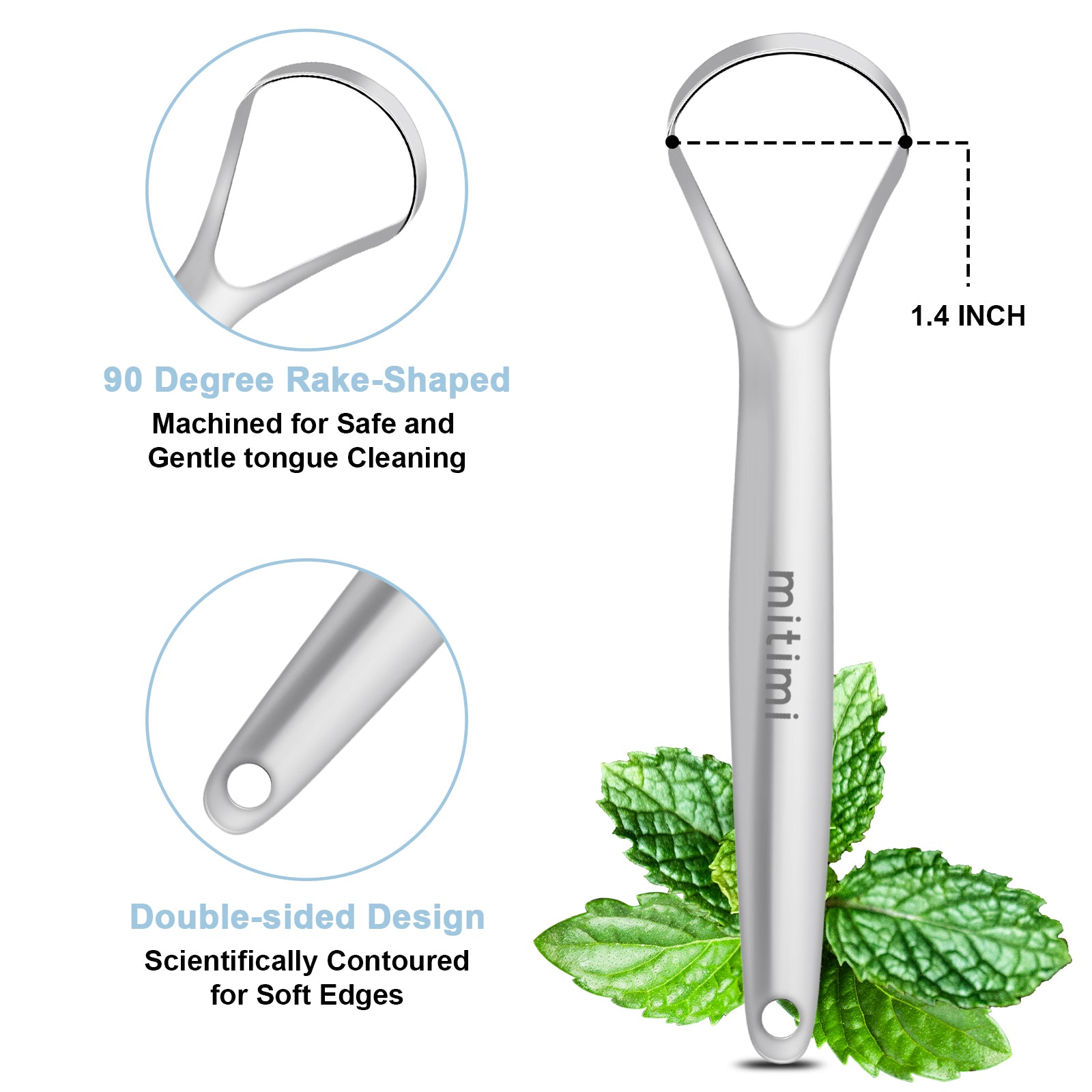 Mitimi Stainless Steel Tongue Scraper (2 Pack) - 100% Surgical Grade Tongue Cleaner for Adults & Kids - Freshens Breath & Improves Oral Hygiene for Daily Use at Home or Travel
