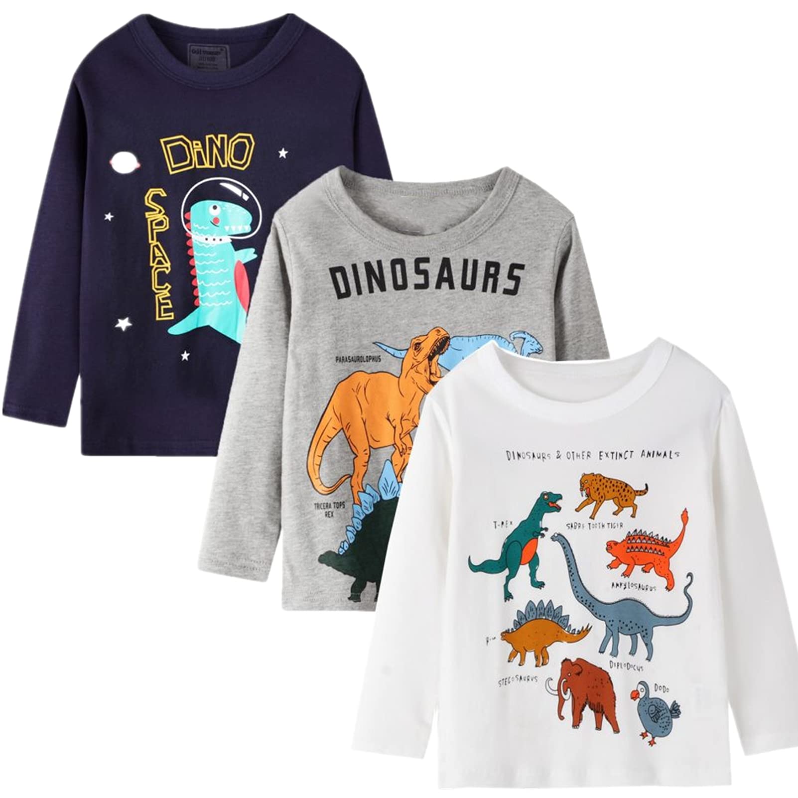 HILEELANG Boys Long Sleeve Graphic Cotton T-Shirts 3 Pack - Soft Casual Crewneck Tees for Kids, Toddler & Youth - Perfect for School, Playdates & Everyday Wear