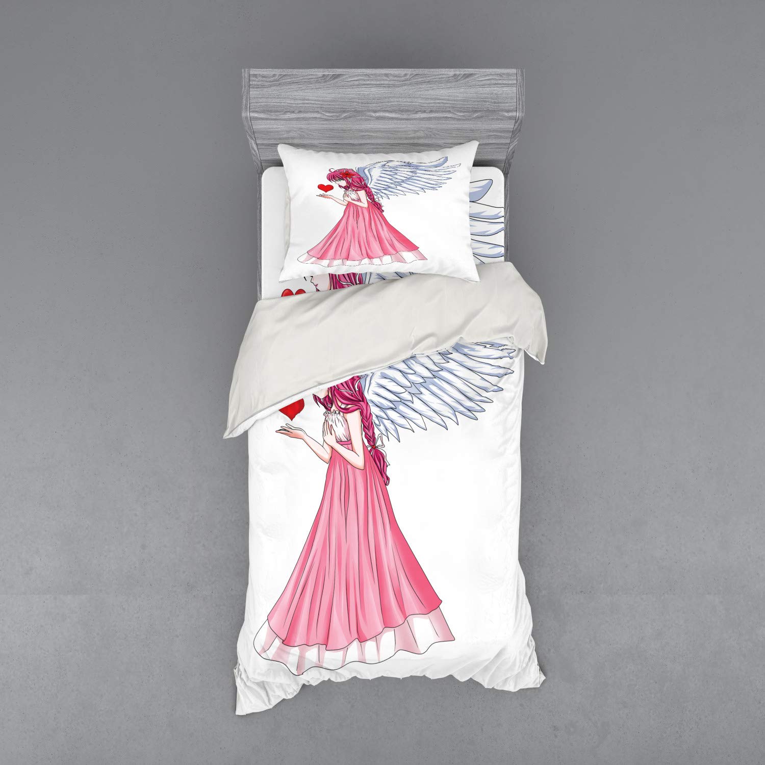 Ambesonne Anime Duvet Cover Set - Pink Dress Angel Holding Heart Design, 3 Piece Bedding Set with Pillow Sham & Fitted Sheet, Twin XL Size, Pink Red White - Perfect for Valentine's Day Gifts, Anime Lover's Bedroom Decor & Cozy Sleep