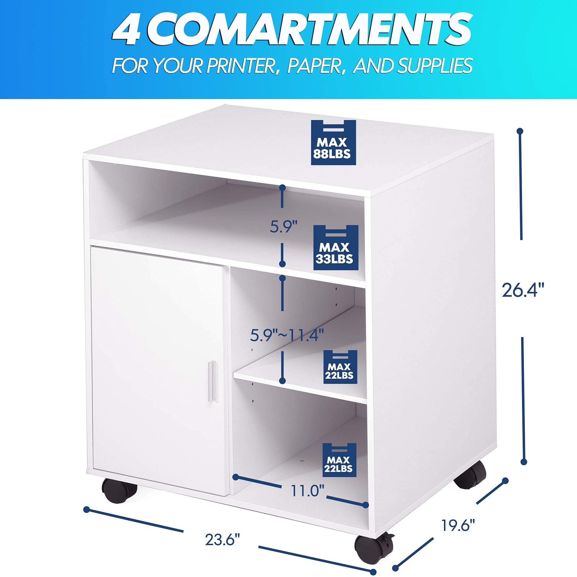 FITUEYES White Wooden Printer Cabinet with Door - Adjustable Shelves Mobile Printer Stand on Wheels for Home Office - Storage for File Folders, Ink Cartridges & Office Supplies (PS406005WW) | Perfect for Small Spaces & Organized Workspaces