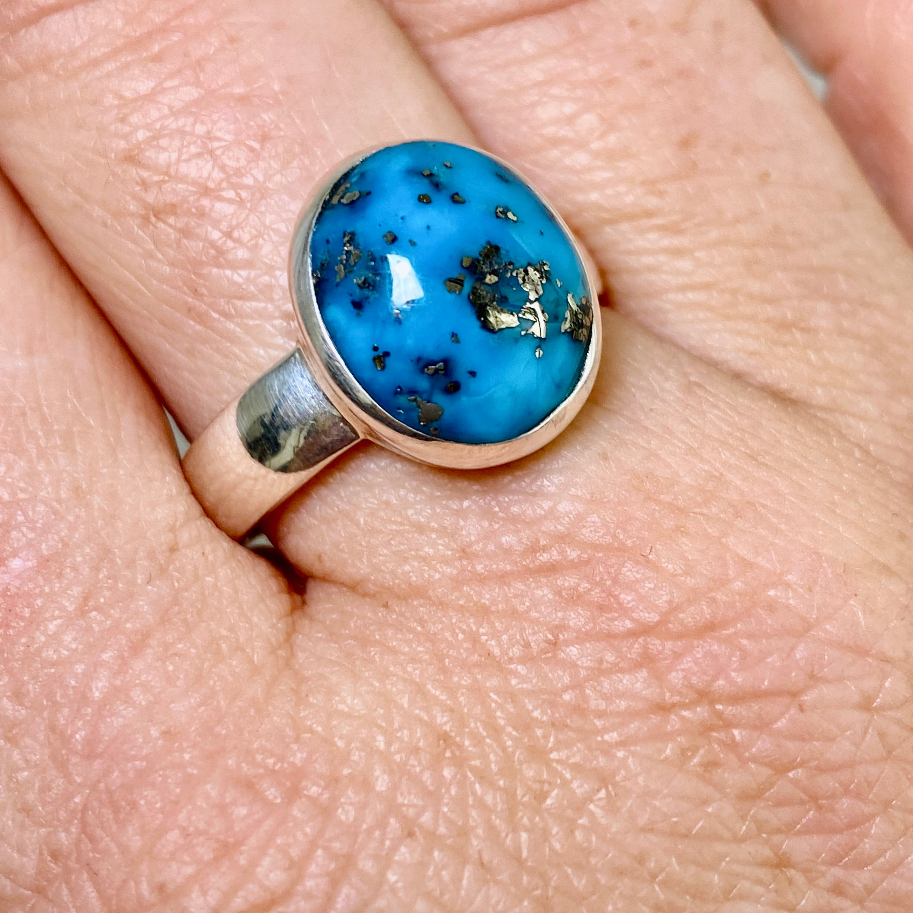 Natural Persian Turquoise with Pyrite Oval Cabochon Ring - Size 9.5 - Handmade Iranian Jewelry - Perfect for Boho Fashion & Gift Giving