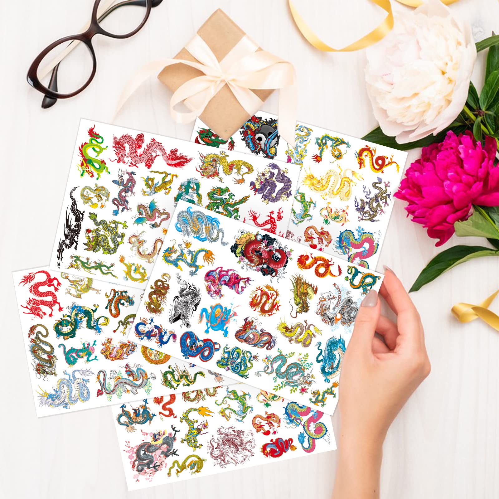 Ancient Dragon Tattoo Party Supplies - 405pcs Waterproof Temporary Tattoo Stickers for Kids, Boys & Girls - Chinese Fairy Dragon Cartoon Designs for Class Activities, Birthday Parties & Halloween Costumes