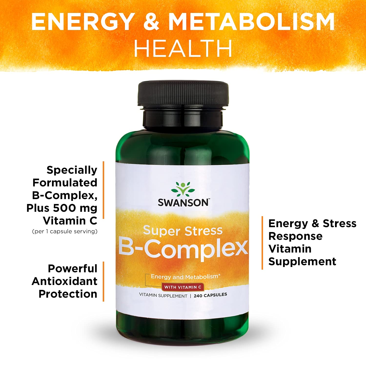 Swanson Super Stress B-Complex Vitamins - 240 Capsules (2 Pack) - Supports Relaxation, Metabolism & Energy - Stress Relief & Wellness Supplement for Busy Professionals & Students