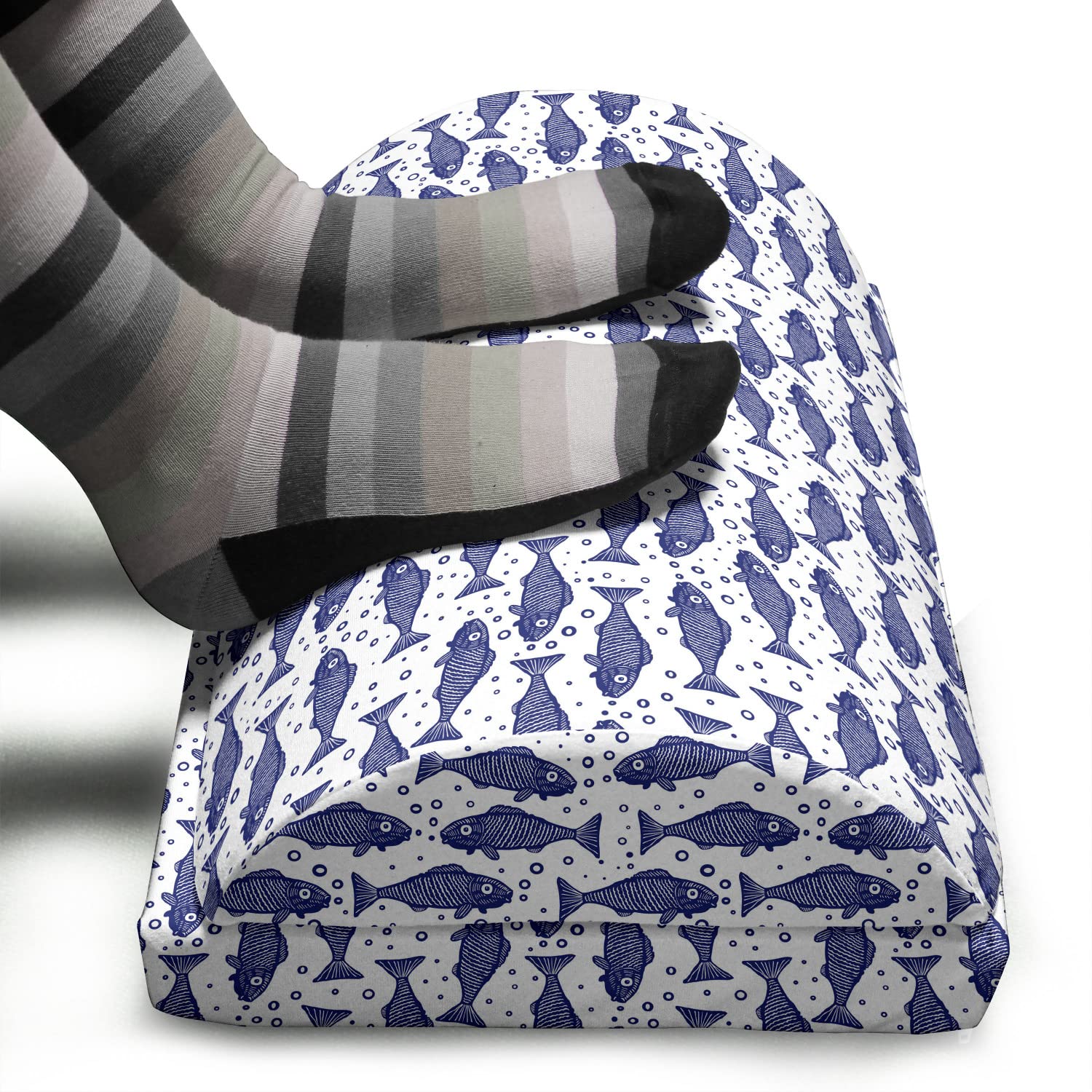 Ambesonne Nautical Memory Foam Foot Rest - Adjustable Ergonomic Leg Support with Non-Slip Backing, Monochrome Hand-Drawn Fish Pattern in Violet Blue & White - Perfect for Office, Home & Gaming Chairs