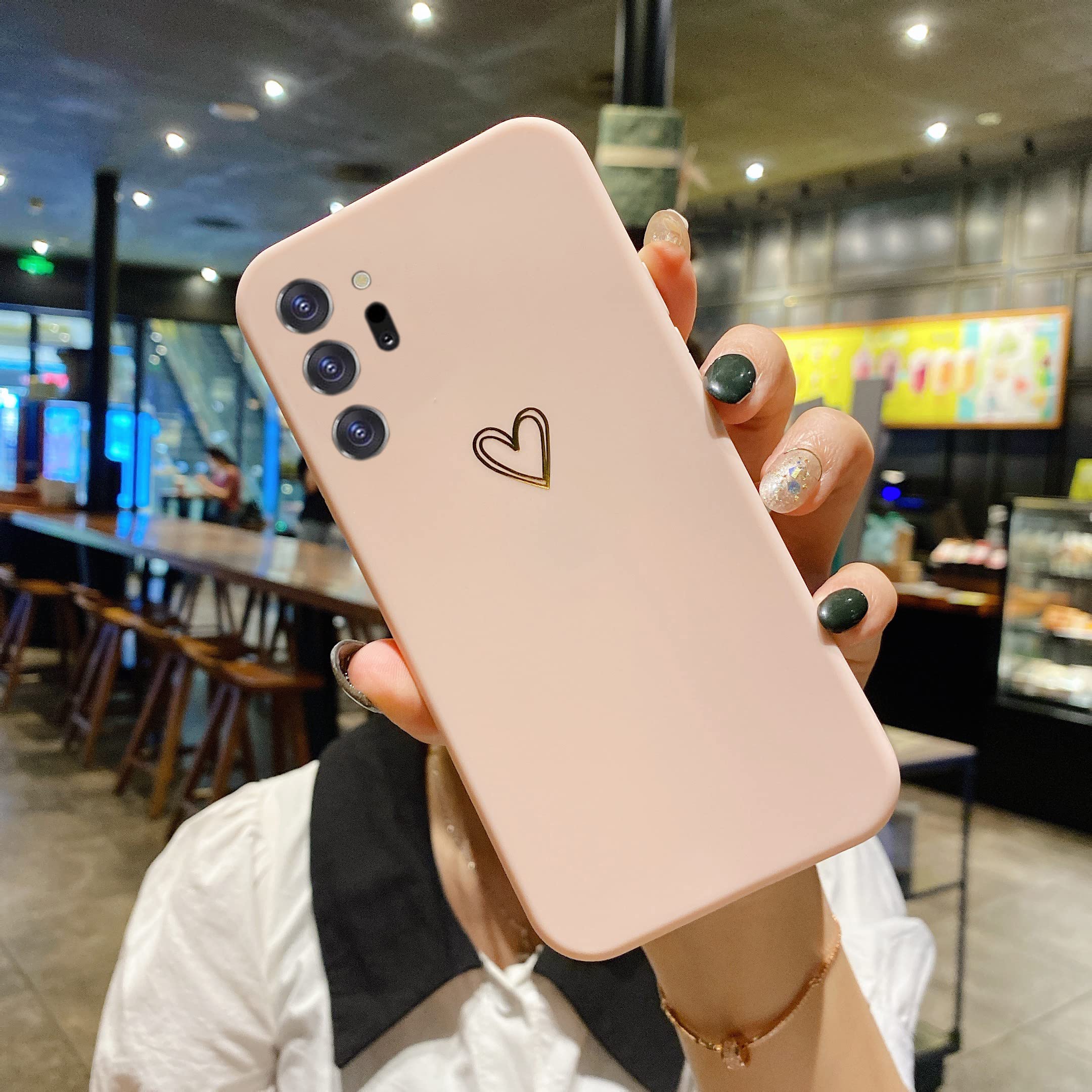 Qokey Shockproof Liquid Silicone Case for Samsung Galaxy Note 20 Ultra 5G (6.9 inch 2020 Model) - Cute Gold Heart Pattern Soft TPU Protective Phone Cover for Women & Men (Light Pink) | Perfect Gift for Valentine's Day & Everyday Use