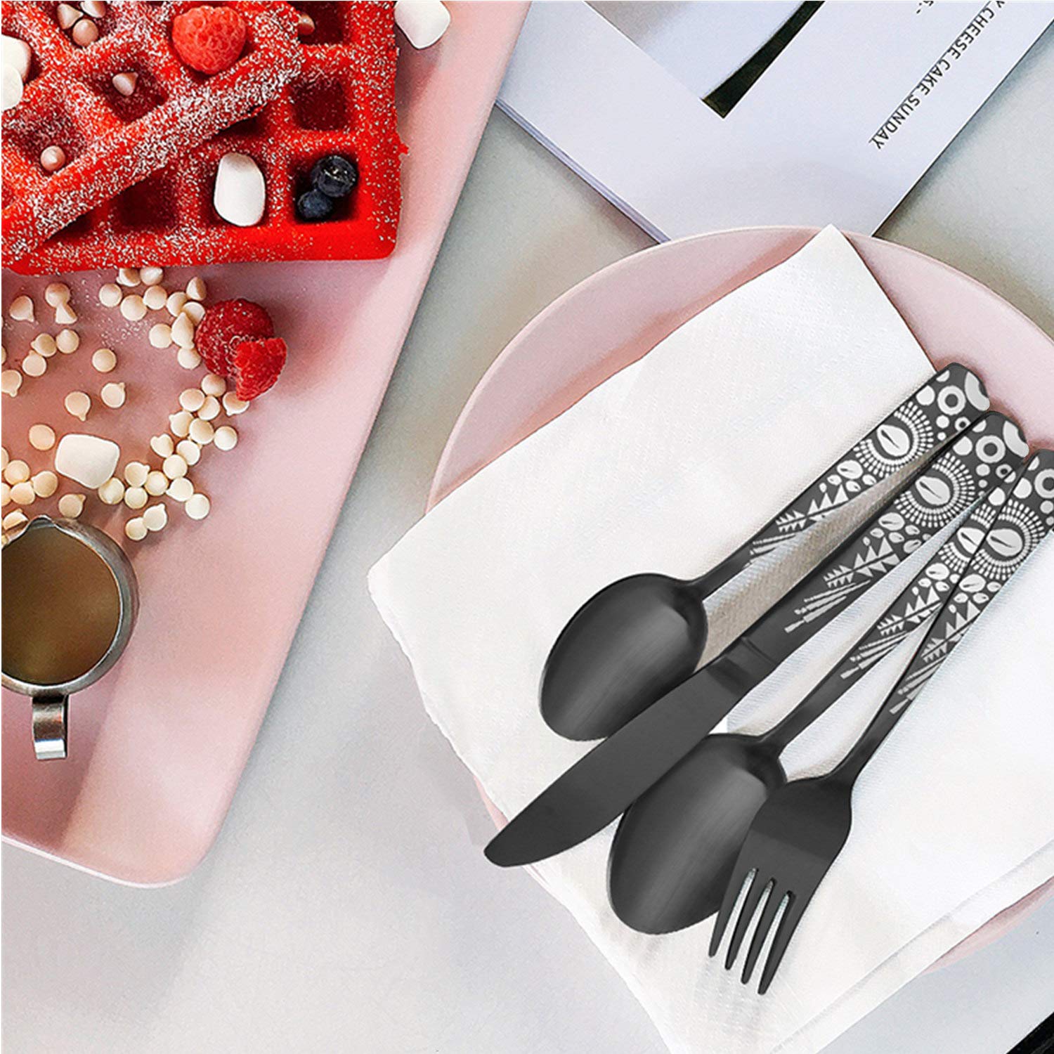 Bysta 20-Piece Matte Black Stainless Steel Flatware Set - Elegant Satin Finish Cutlery Set for 4, Dishwasher Safe Kitchen & Restaurant Tableware - Perfect for Dinner Parties, Weddings, and Daily Dining