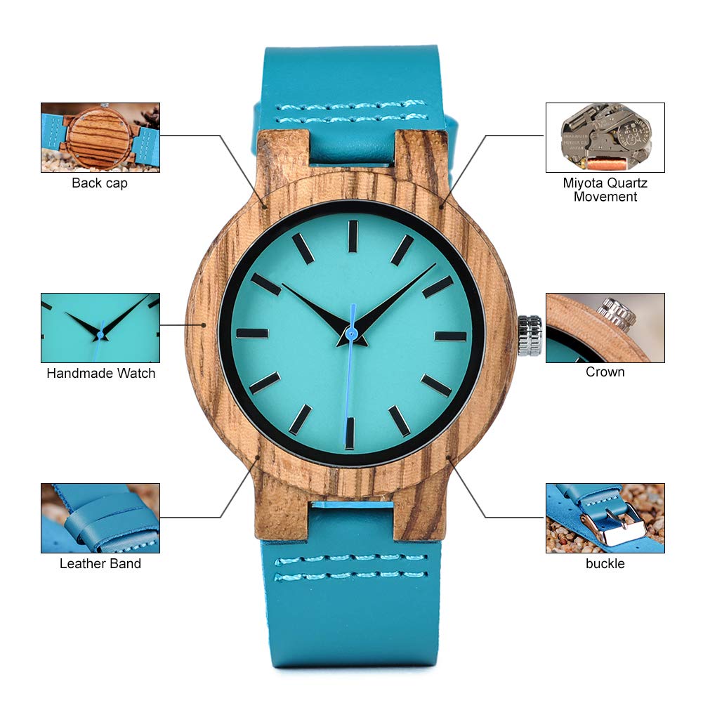 BOBO BIRD Bamboo Wooden Watch for Men & Women - Blue Cowhide Leather Strap Casual Wristwatch - Perfect Gift for Anniversary & Couples - Ideal for Everyday Wear, Office & Outdoor Activities
