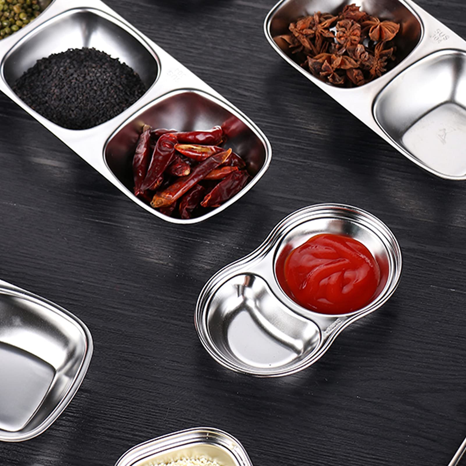 6.02 Inch 304 Stainless Steel Divided Sauce Dish - 2/3 Compartment Korean Ketchup Bowl, Thickened Hot Pot Sauce Tray, Multi-Purpose Seasoning Dip Container for Camping, Hiking, BBQ, Picnics & Home Kitchen Use
