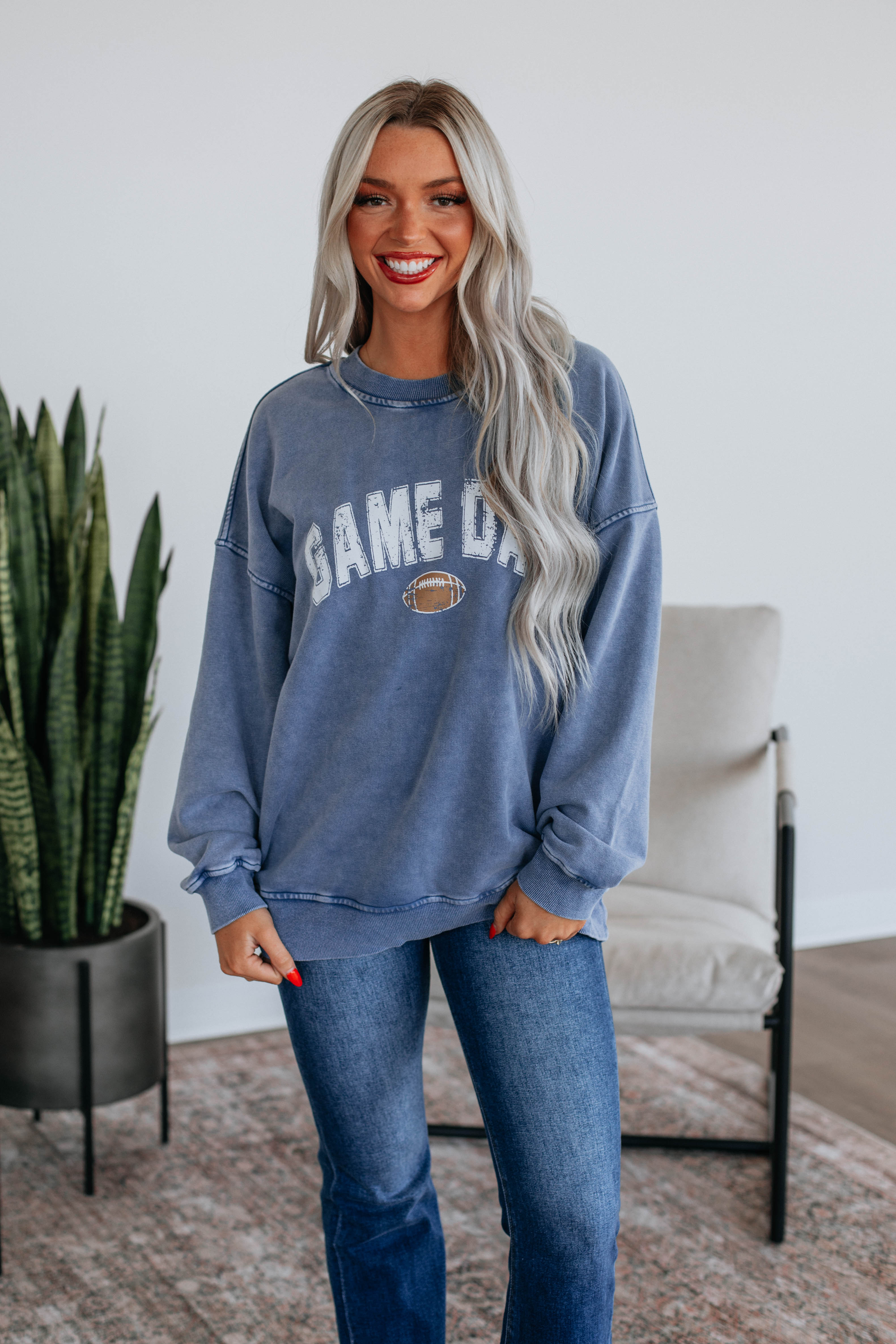 Game Day Oversized Crewneck Sweatshirt - Steel Blue | Comfortable & Stylish for Sports Events, Casual Wear & Lounge