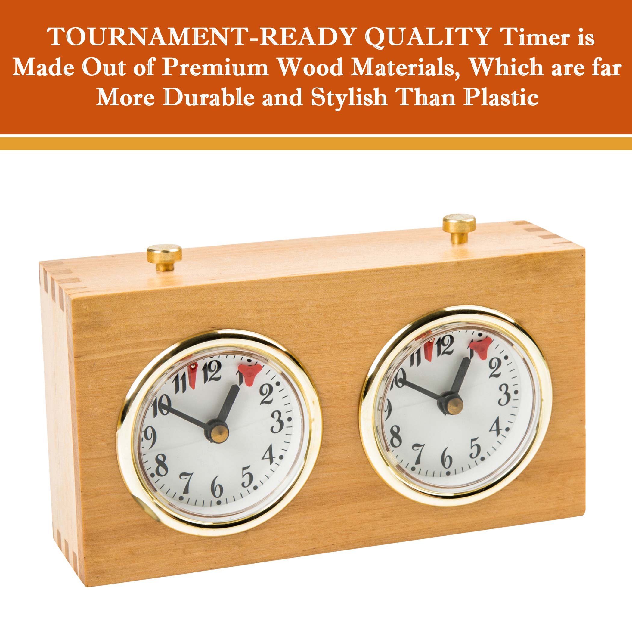 Professional Analog Wood Chess Clock Timer - Wind-Up Mechanical Chess Timer - No Battery Needed - Light Brown Wooden Chess Clock for Tournament, Home & Club Games