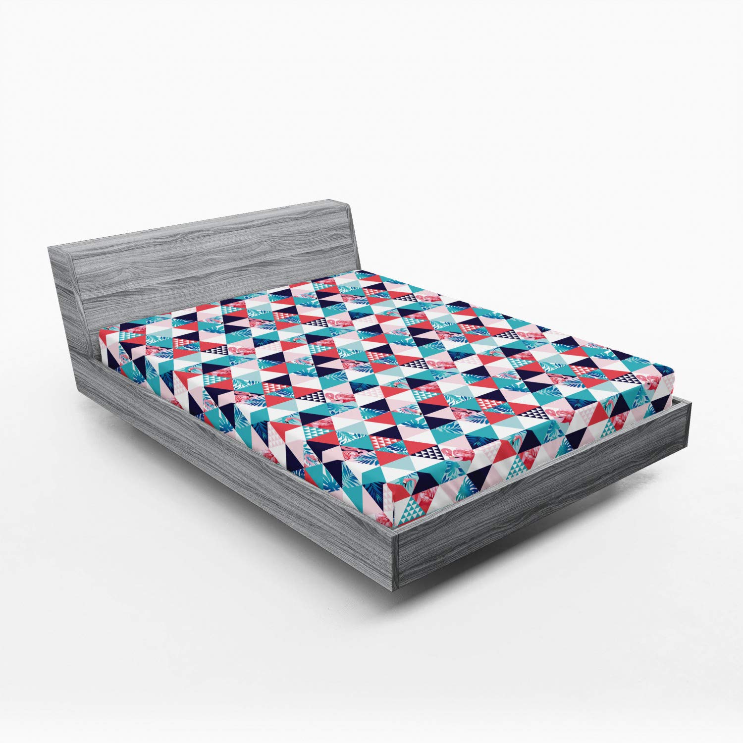 Ambesonne Flamingo Fitted Sheet - Geometric Triangle Beach Design with All-Around Elastic Deep Pocket - Queen Size Multicolor Bedding for Tropical & Coastal Themed Bedrooms