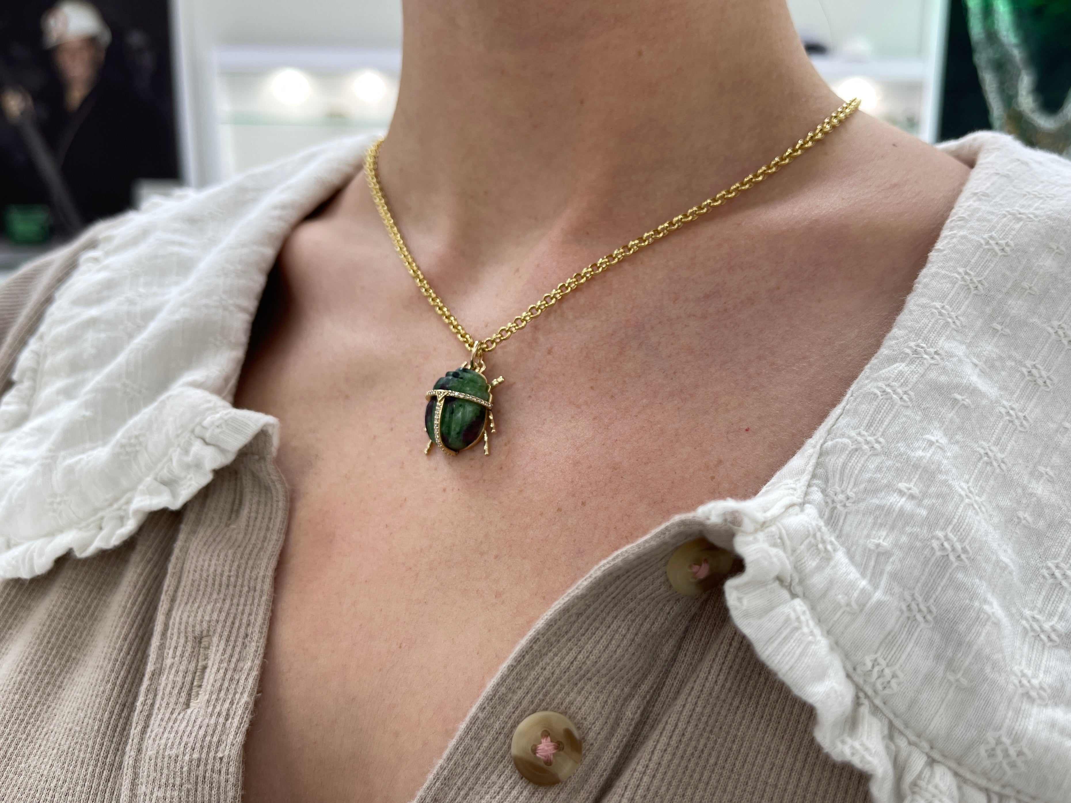 14K Gold Ruby Zoisite & Diamond Scarab Pendant Necklace - Elegant Egyptian Jewelry for Women, Perfect Gift for Birthday, Anniversary & Special Occasions