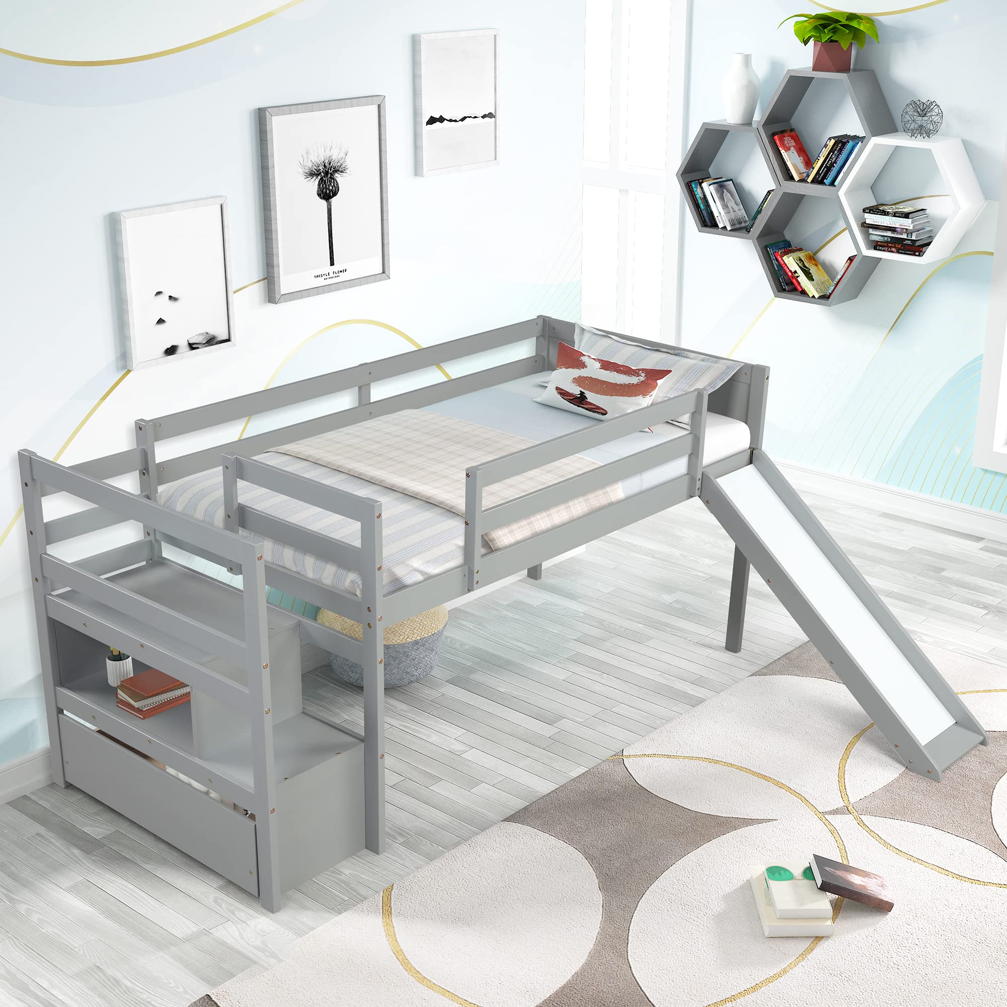 **Twin Loft Bed with Stairs & Slide - Wooden Kids Loft Bed with Storage Drawer, Shelf & Safety Guardrails - Low Junior Loft Bed Frame for Girls & Boys - No Box Spring Needed - Grey - Perfect for Small Bedrooms & Playrooms**