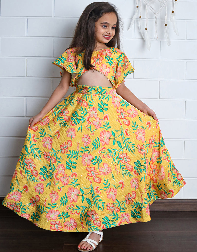 All-Season Designer Kids Lehenga Choli Set - Yellow Chinon Sequins Crochet with Digital Print for Festivals, Weddings & Special Occasions