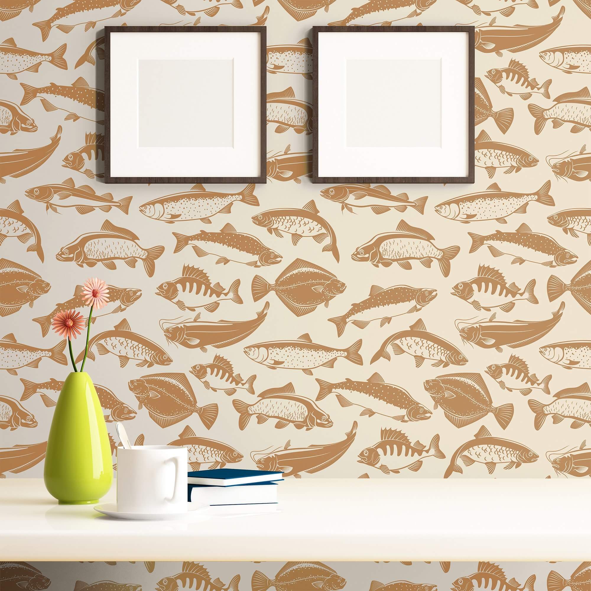 Brown and Beige Fish Nautical Peel and Stick Removable Wallpaper - Self-Adhesive Decorative Wall Covering for Bedroom, Bathroom, Nursery & Office Decor
