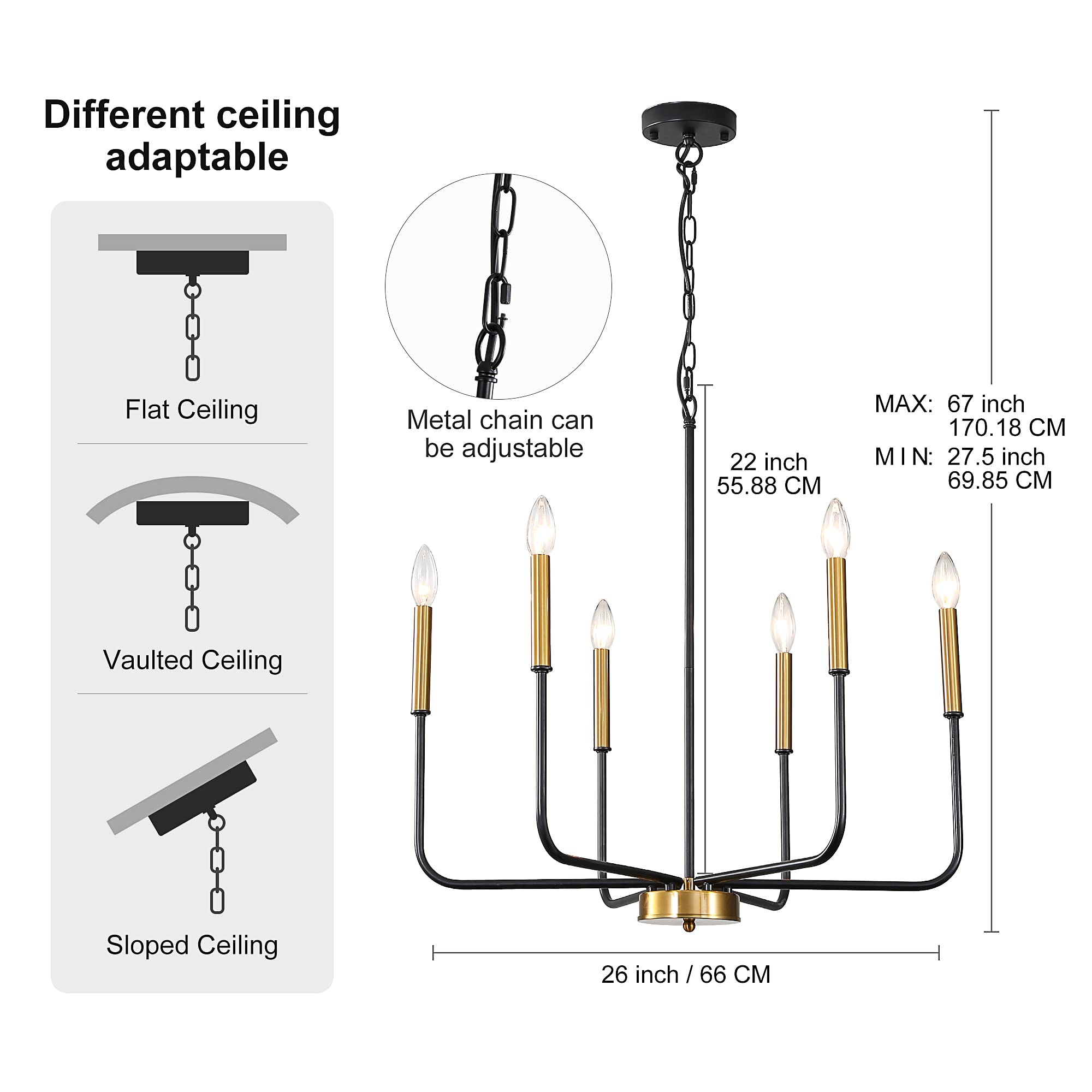 Modern 6-Light Black & Gold Farmhouse Chandelier - Adjustable Candle Pendant Light Fixture for Dining Room, Kitchen Island, Living Room & Entryway | Rustic Elegance for Home Decor & Wedding Venues
