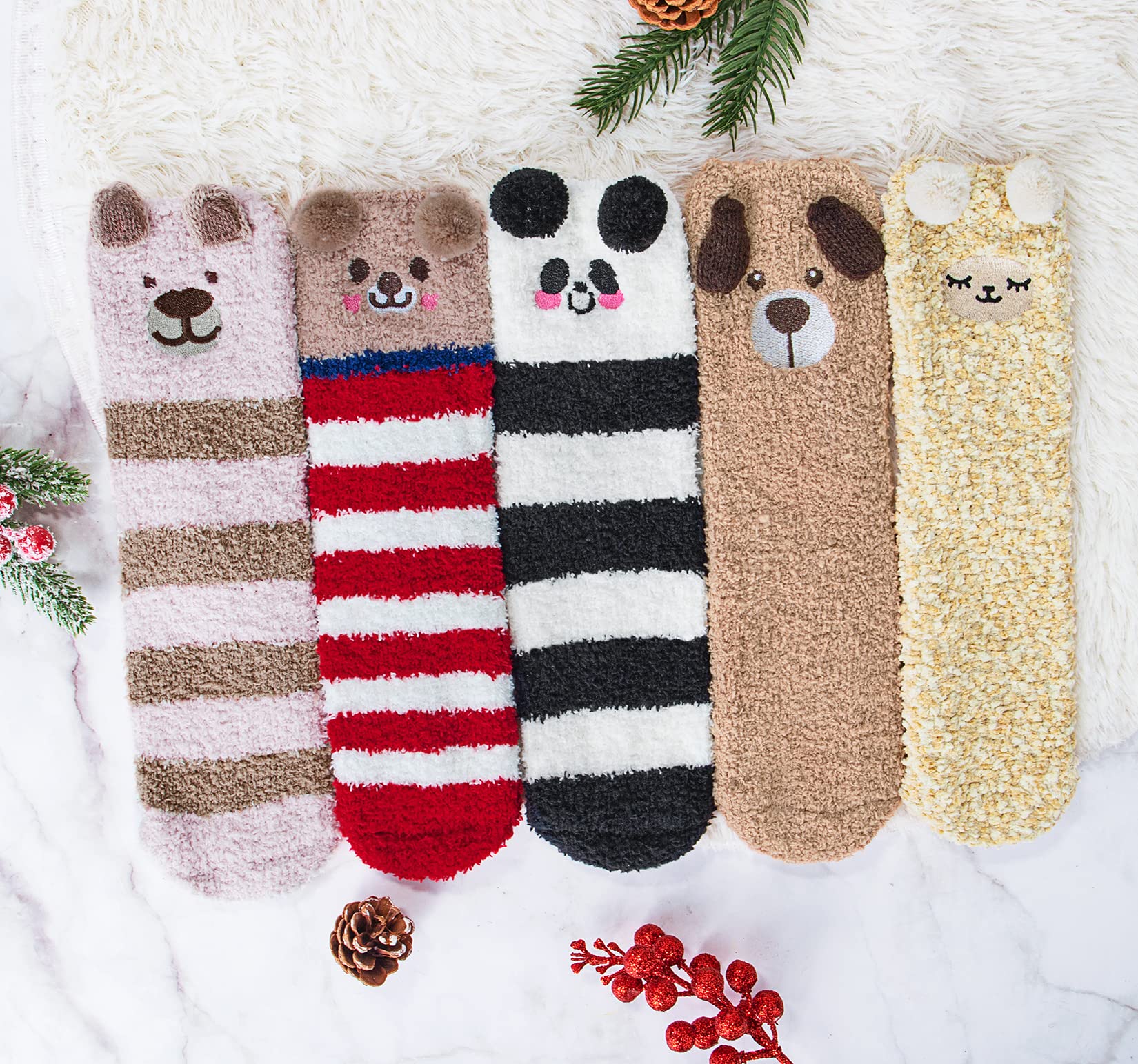 Cozy Cat Fuzzy Socks for Women - 5 Pairs Warm Winter Slippers for Christmas Gifts & Home Comfort