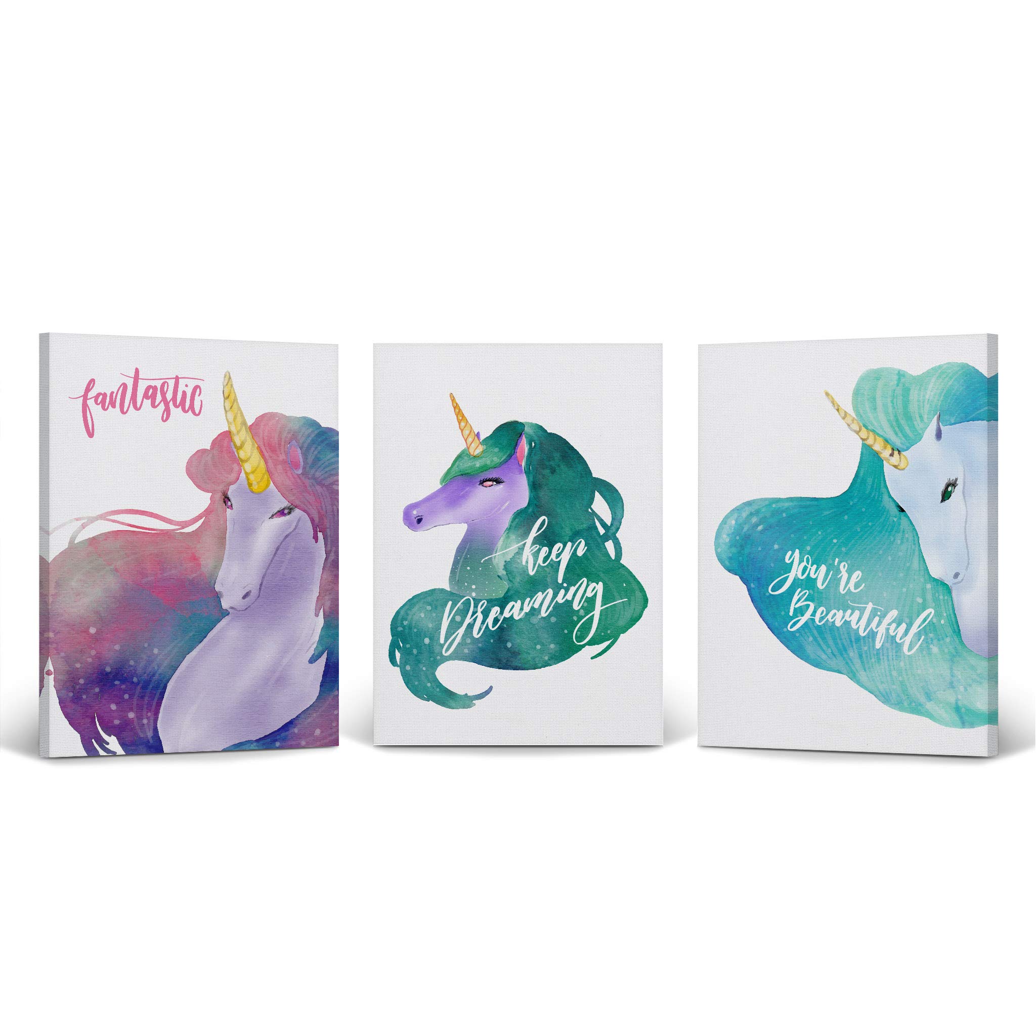 Stunning Watercolor Unicorn Canvas Wall Art - 3 Panel Set (28x19 Inches) for Kids Room, Nursery & Baby Room Decor | Ready to Hang, Made in USA | Perfect Gift for Girls, Birthday & Unicorn Lovers