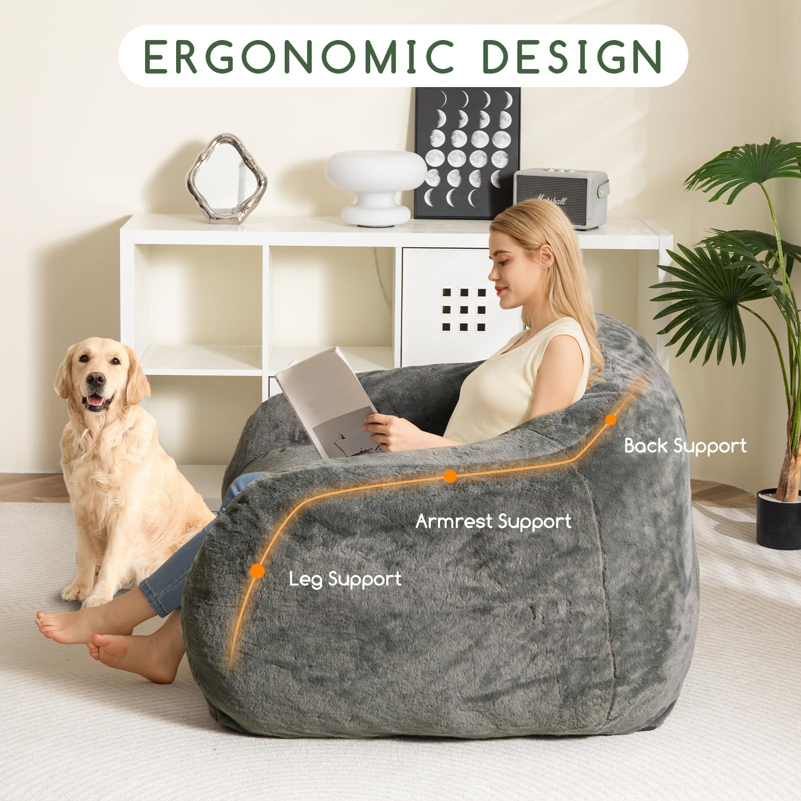 HIGOGOGO Oversized Bean Bag Chair for Adults - Extra Large Comfortable Sofa Chair for Bedroom & Living Room - Gaming & Reading Lazy Chair with Armrests - Dark Grey - Perfect for Relaxing, Movie Nights & Small Spaces