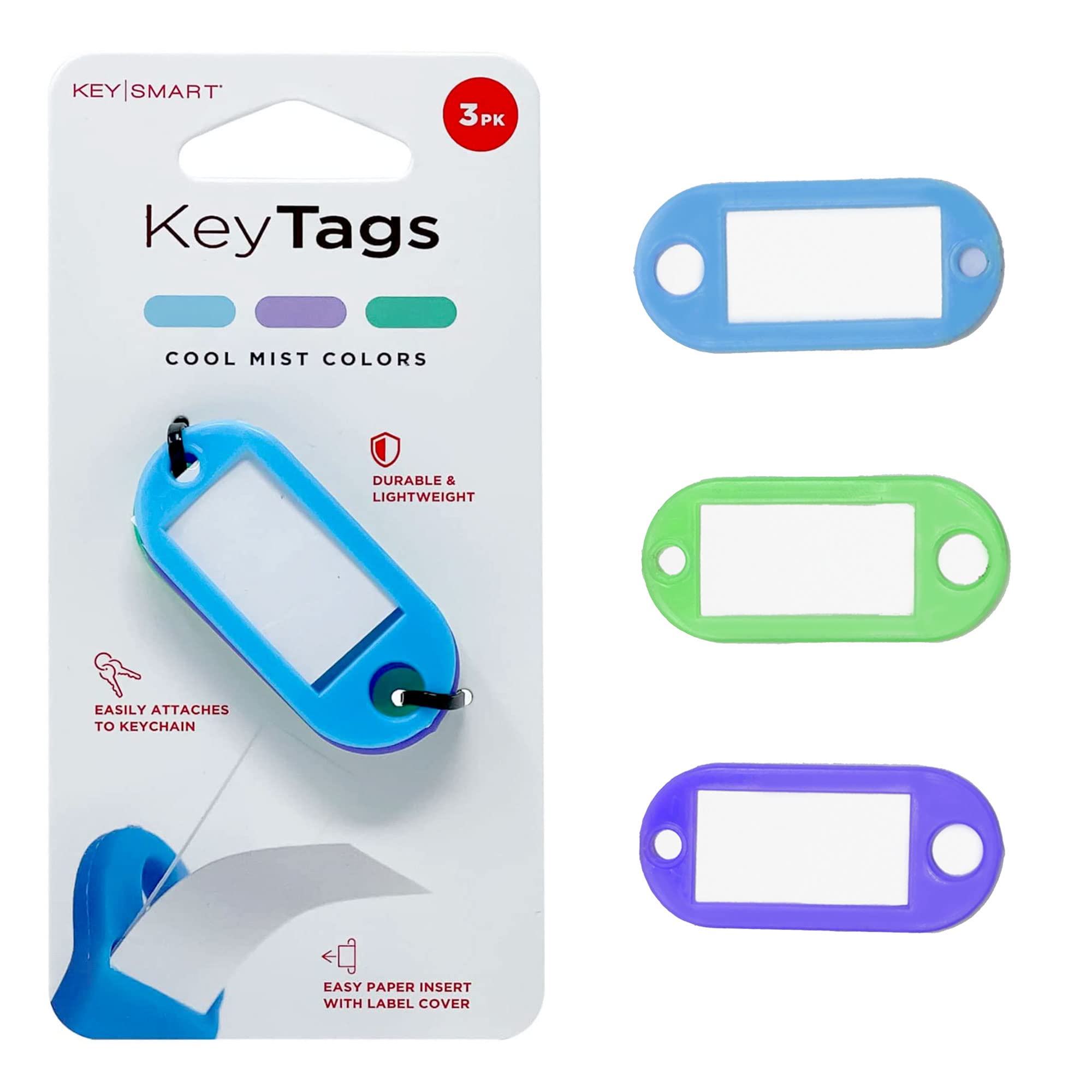 KeySmart Key Tags with Labels - 3 Pack Durable, Flexible & Lightweight Plastic Key Chain Organizers with ID Window & Paper Insert Slot - Cool Mist Color - Perfect for Home, Office & Travel Key Organization