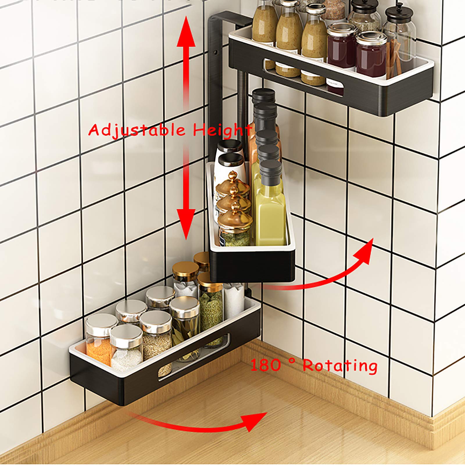 MEVIDA Wall Mount Rotating Spice Rack Organizer - 2 Tier Adjustable Kitchen Shelf for Seasoning Storage | Space Saving Pantry Cabinet Organizer | Perfect for Small Kitchens & Apartment Living