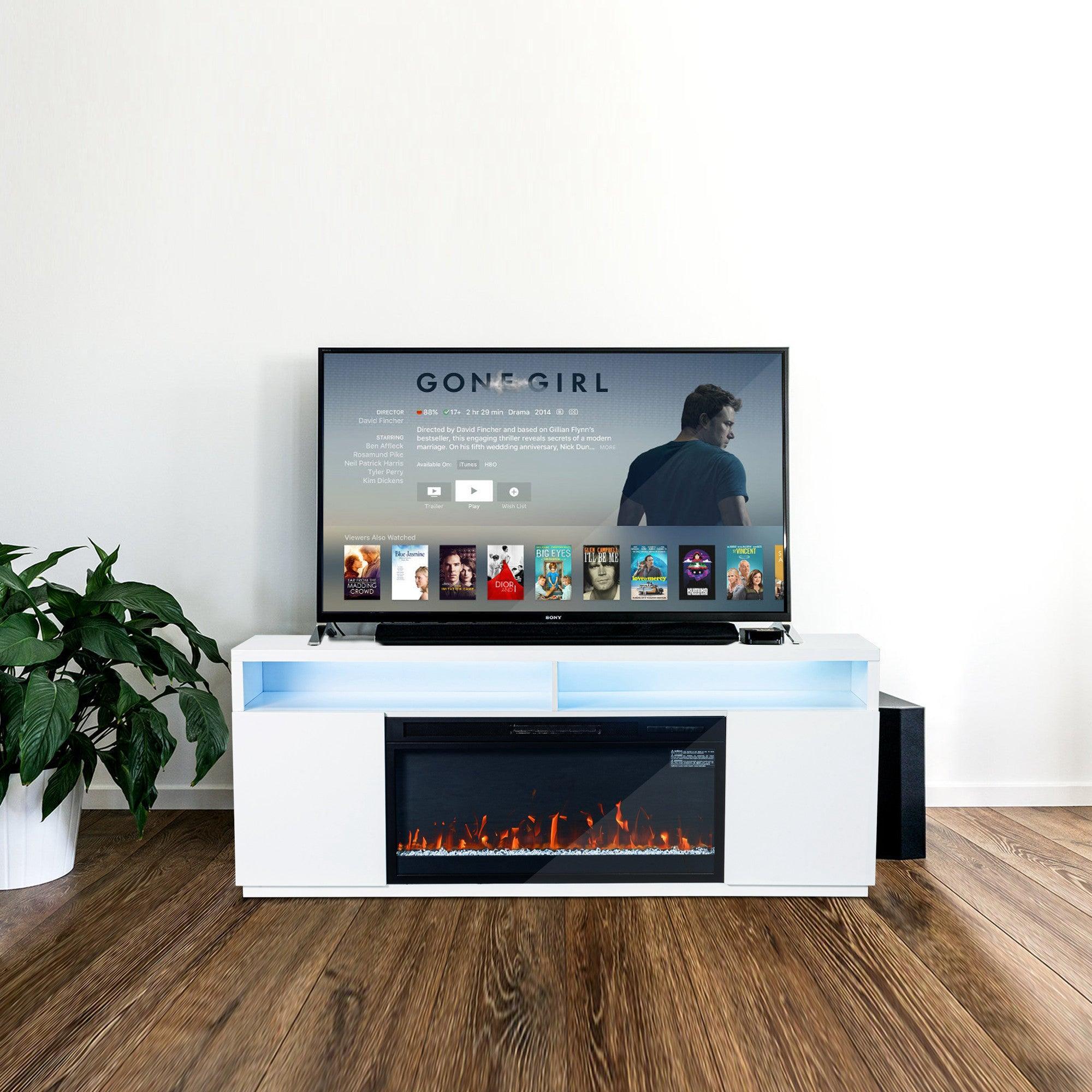 Modern 68-Inch LED TV Stand with 36-Inch Insert Opening & Electric Fireplace - Black or White - Perfect for Living Room Home Theater & Cozy Winter Nights