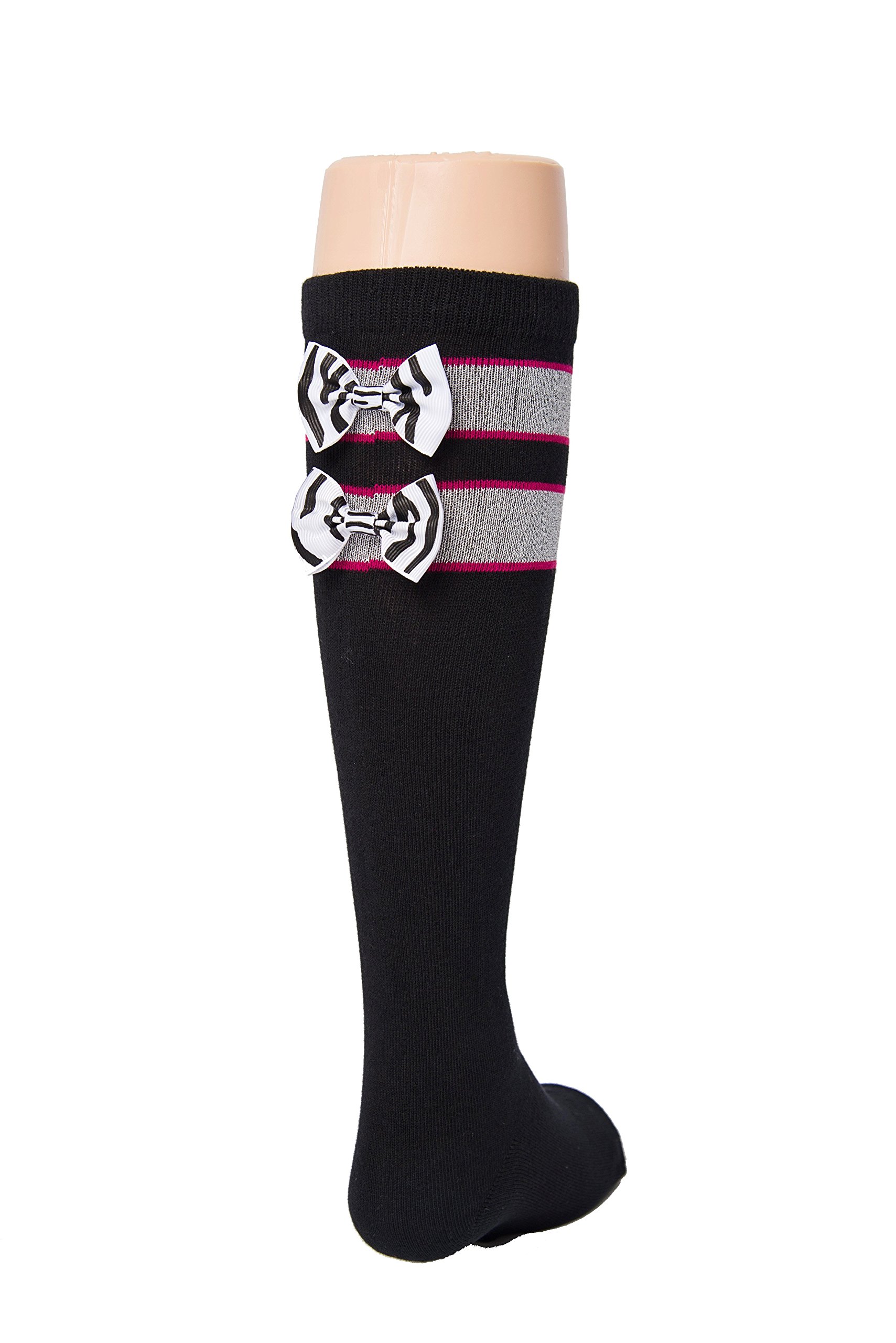 Black Girls Sports Socks - Pink, Black & Silver Zebra Print Bow - Kids Size 9-2.5 - Soccer, Volleyball, Field Hockey, Softball Socks - Perfect for School Sports, Team Games & Athletic Performance