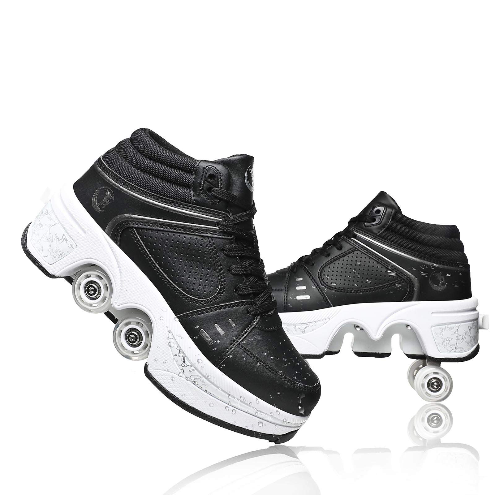 Women's Roller Skate Shoes with Deformable Wheels - Convertible Outdoor Roller Skates for Walking & Skating - Double-Row Wheel Design (Black, Size US 9.5) - Perfect for Commuting, Fitness & Fun Outdoor Activities