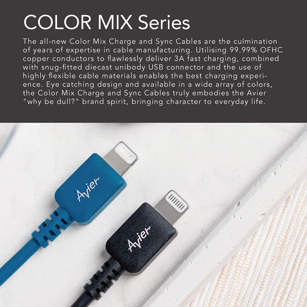 Avier Color Mix 3-Pack USB C to Lightning Cable [3ft/6ft] - MFi Certified Fast Charging Cable for iPhone 12/11/X/8, iPad & AirPods Pro - Power Delivery Charger for Home, Office & Travel (Black)