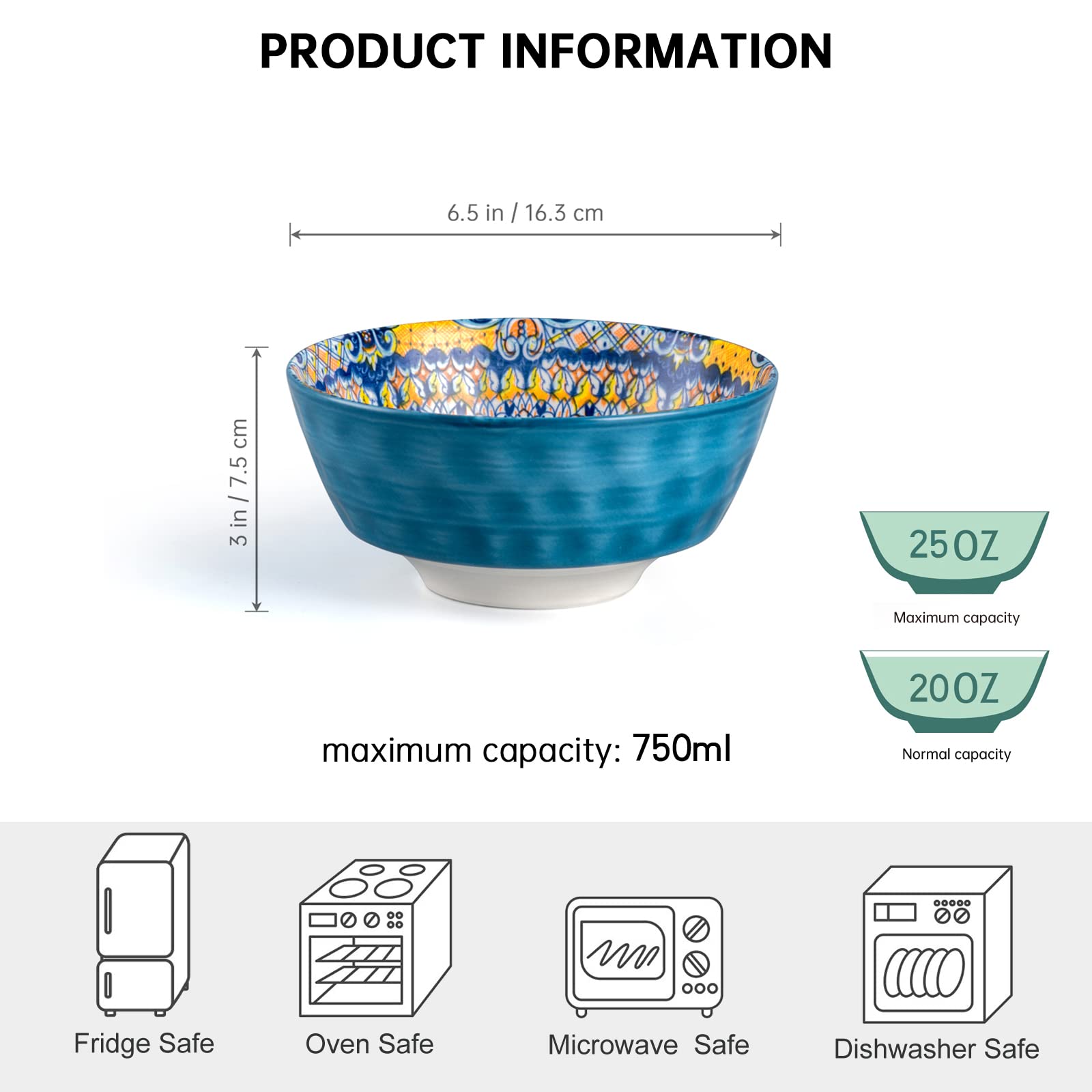 HENXFEN 6-Piece Ceramic Bowl Set - 25 Oz Porcelain Soup, Cereal, Pasta & Salad Bowls - Microwave & Dishwasher Safe - Bohemian Style Dinnerware for Home, Restaurant & Party Serving