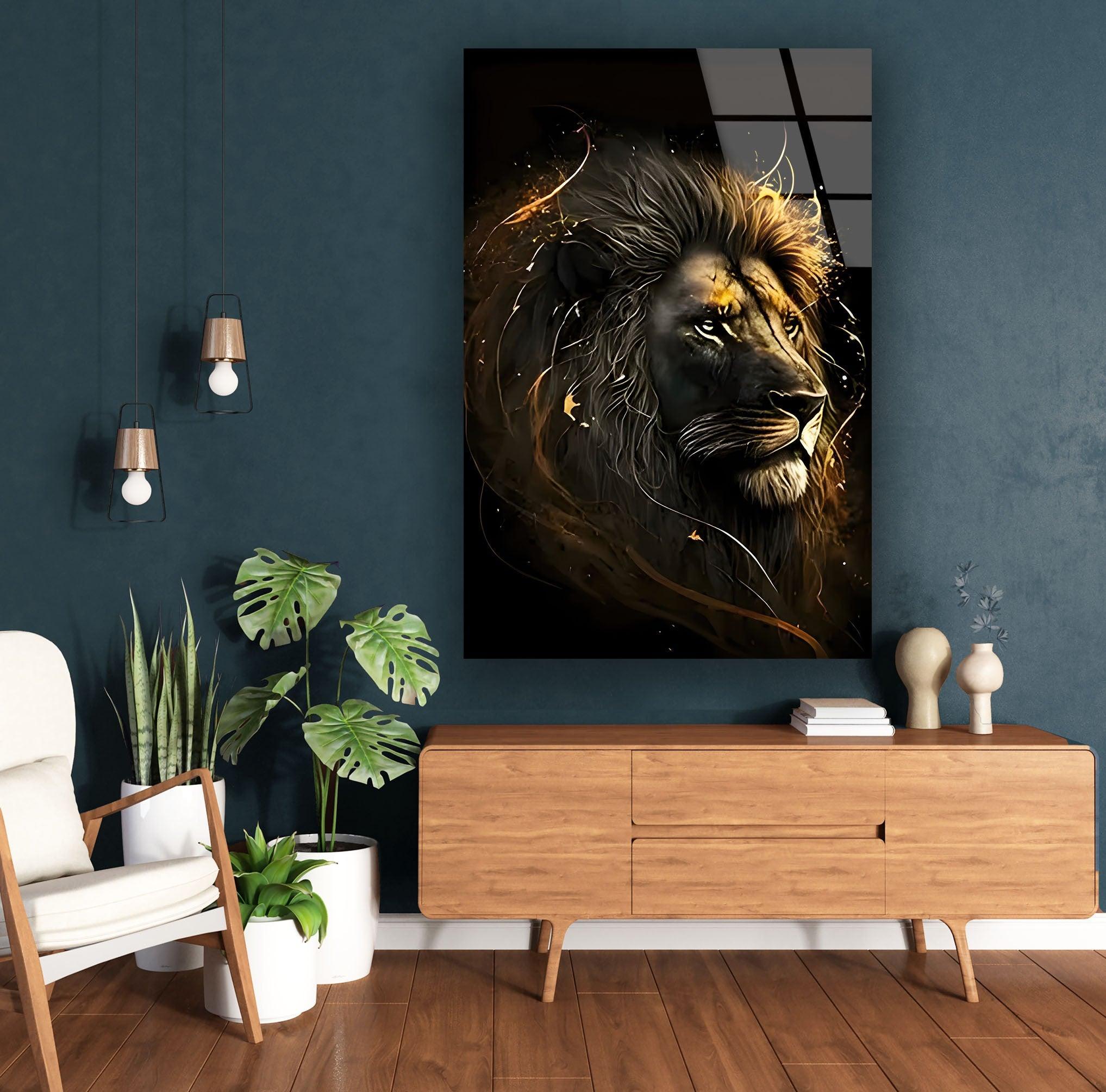 Black Gold Lion Glass Wall Art - Elegant Home Decor for Living Room, Bedroom & Office - Stained Glass Window Hanging for Gifts & Interior Design
