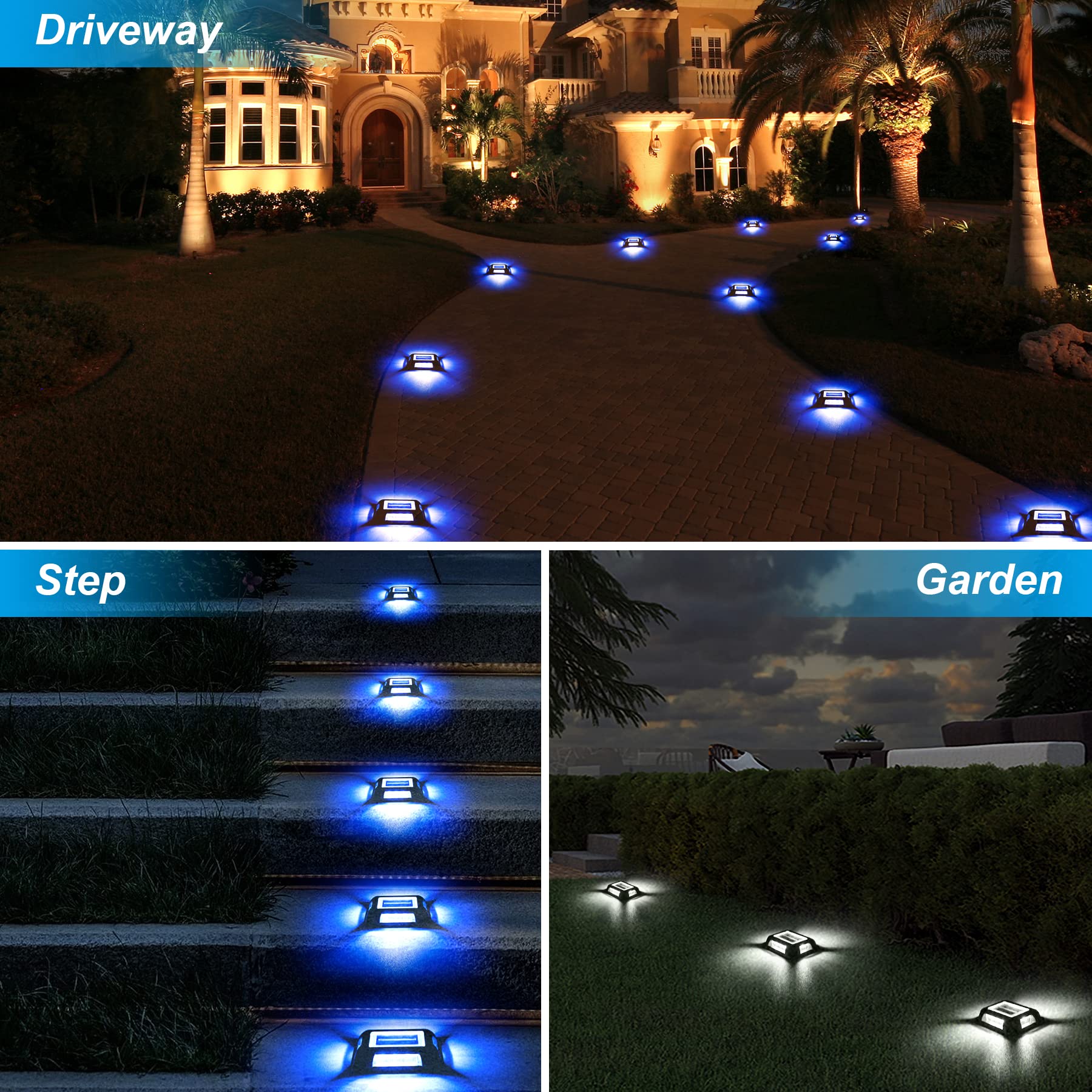 Solar Powered Outdoor LED Deck Lights - 8 Pack Waterproof Driveway & Dock Lights with 1200mAh Battery (Blue & White) - Perfect for Sidewalks, Garden Pathways, Steps & Road Markers