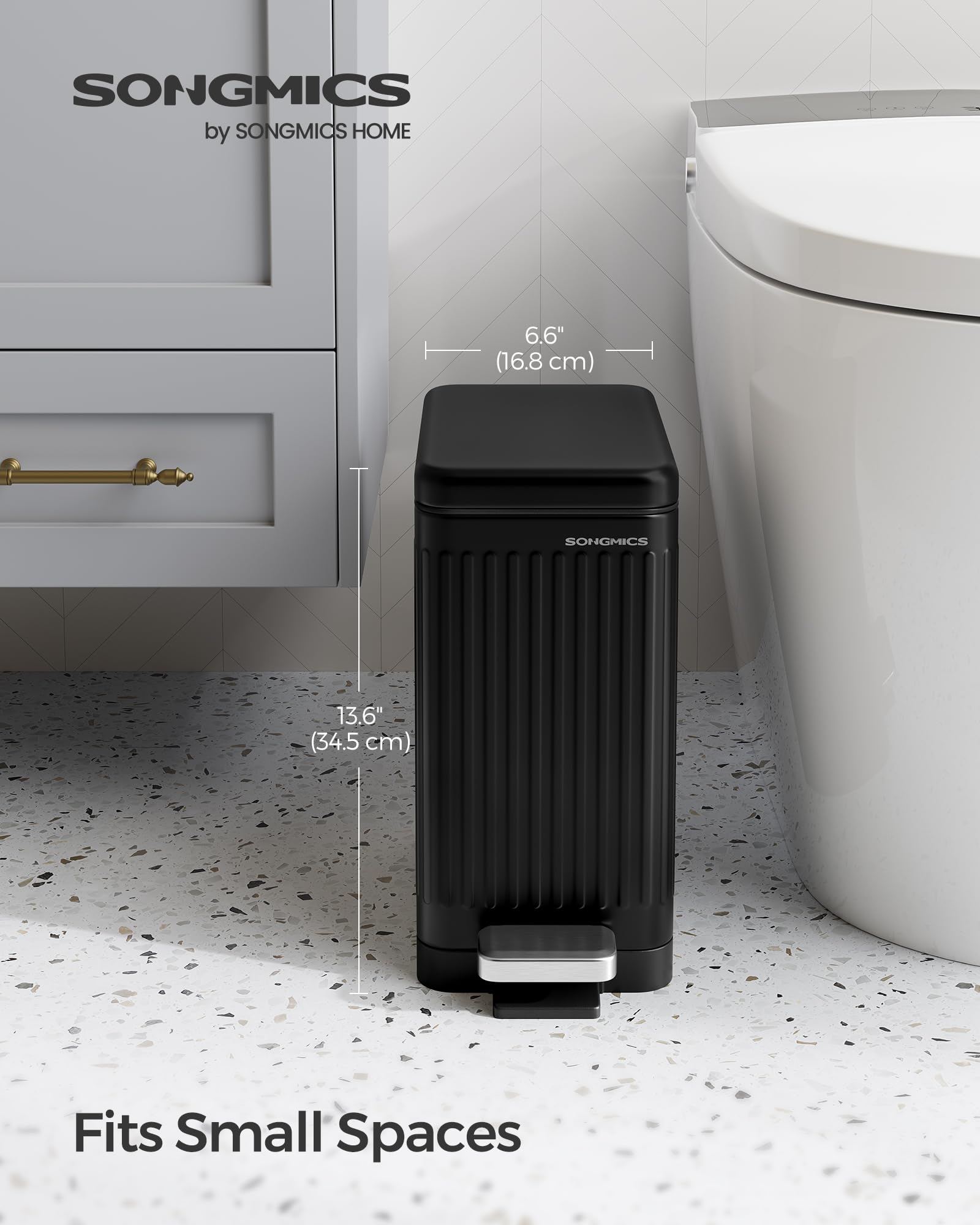 SONGMICS 2.6-Gallon Slim Stainless Steel Bathroom Trash Can with Soft Close Lid - Space Saving Small Garbage Bin for Bathroom, Kitchen, Office - Black ULTB562B01