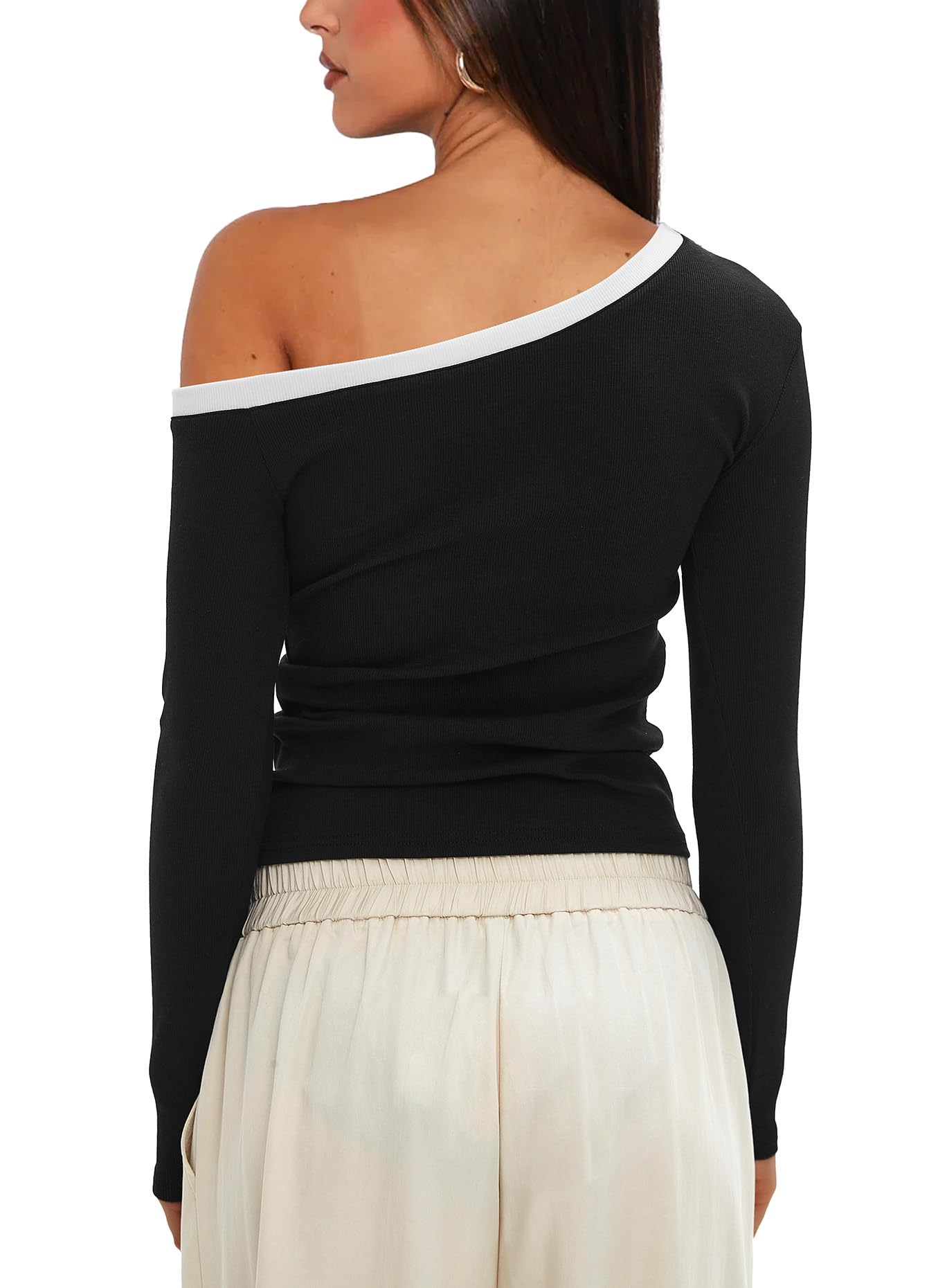 Darong Women's Off The Shoulder Long Sleeve Tight Fitted T-Shirt - Y2K Fashion Top for Party, Club, Date Night & Casual Outfits
