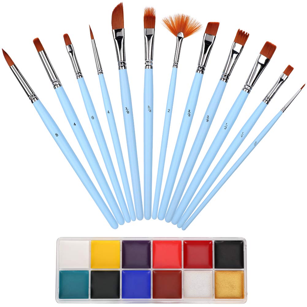 12-Piece Oil Paint Set with Nylon Hair Brushes & 12-Color Face Paint Kit - Professional Halloween Makeup, Costume Parties & Body Art Supplies for Kids & Adults