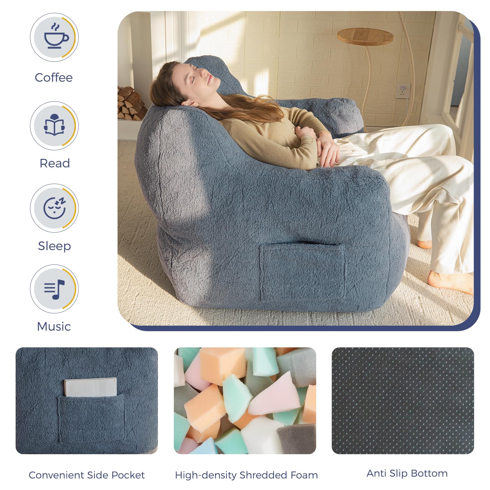 MAXYOYO Tufted Boucle Fabric Bean Bag Chair - Ultra Comfy Lazy Sofa with Filler for Adults & Teens in Dusty Blue | Perfect for Living Room, Bedroom, Game Room & Dorm Relaxation