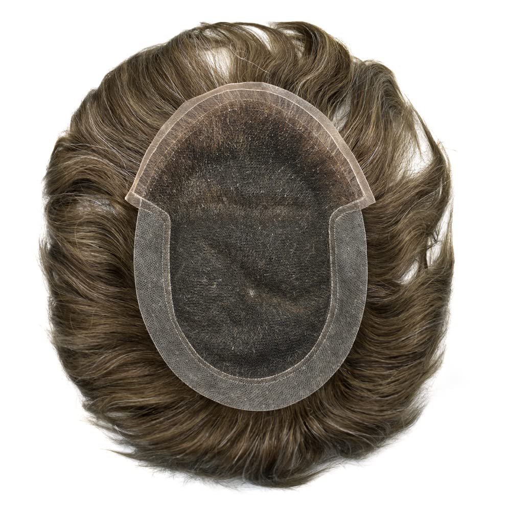 Men's Swiss Lace Toupee - 100% Human Hair Replacement System with PU Bleached Knots & Natural Hairline | 8''x10'' Light Medium Density Wig (310# Dark Brown with 10% Gray) | Perfect for Daily Wear, Special Occasions & Hair Loss Solutions