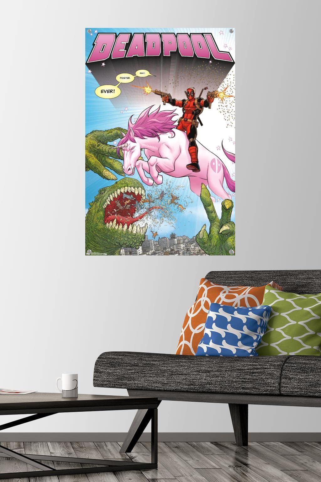 Marvel Deadpool Unicorn Wall Poster with Push Pins - Premium Comic Art Decor for Bedroom, Office & Gifts