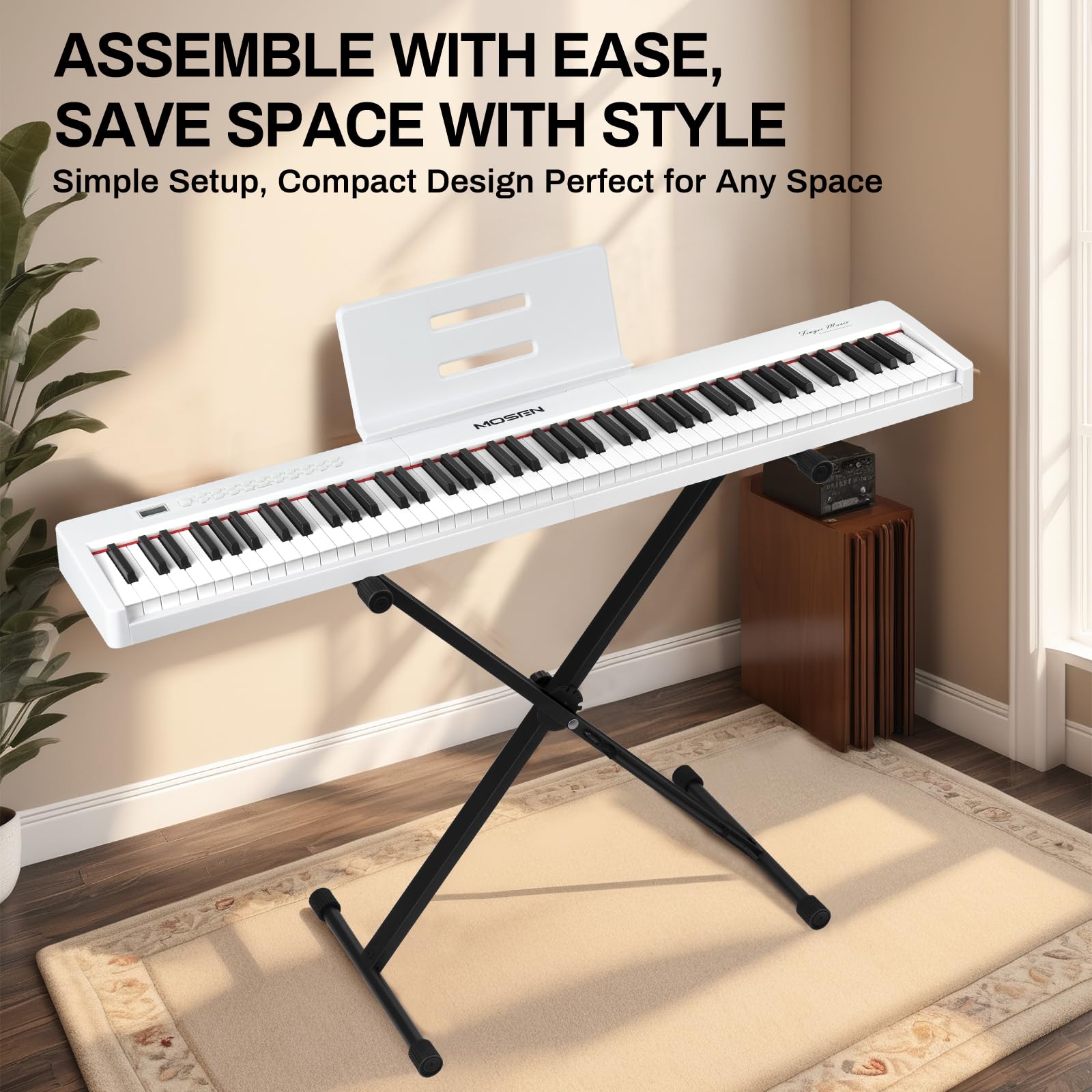 Mosen 88-Key Digital Piano Keyboard with Semi-Weighted Keys - Professional Double Keyboard with LED Display, 380 Tones & 128 Rhythms - Includes 88 Demo Songs, Piano Lessons, Stand & Sustain Pedal (MSP-45WH, White) - Perfect for Home Practice, Music Studios & Live Performances
