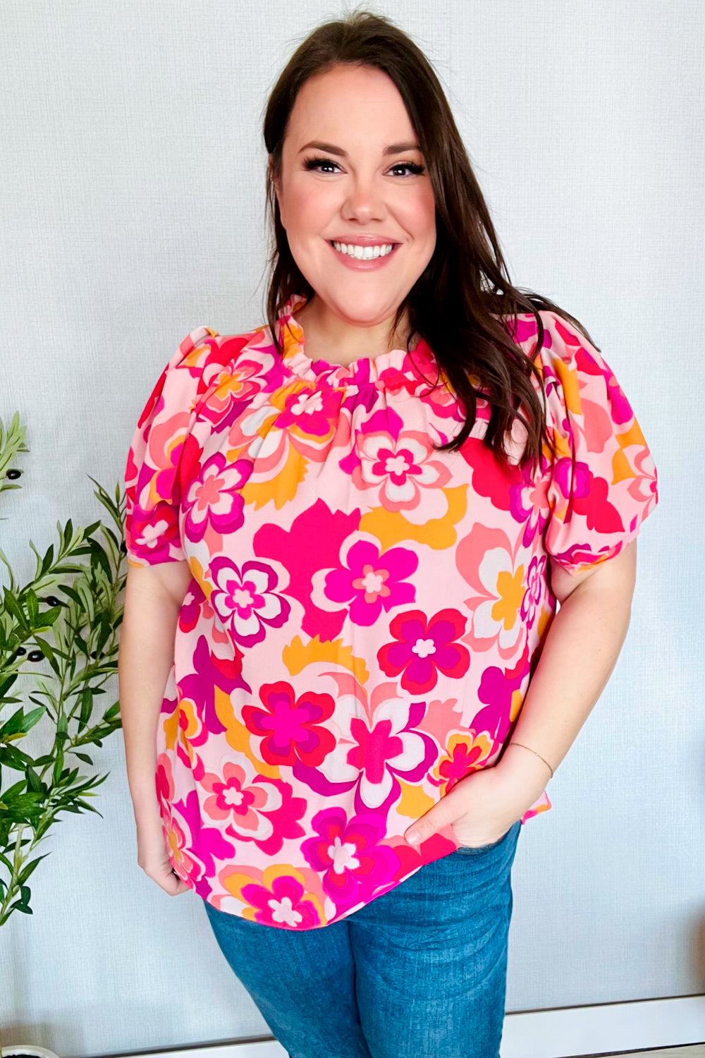 Perfectly You Fuchsia Big Floral Frill Neck Back Button Blouse - Women's Elegant Vintage Style Top for Parties, Dates & Office Wear