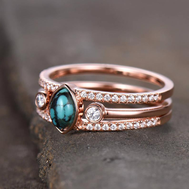 Vintage Turquoise Wedding Ring Set - 4x6mm Marquise December Birthstone, Unique Diamond Band Rose Gold Ring for Women | Perfect for Engagement, Anniversary & Special Occasions