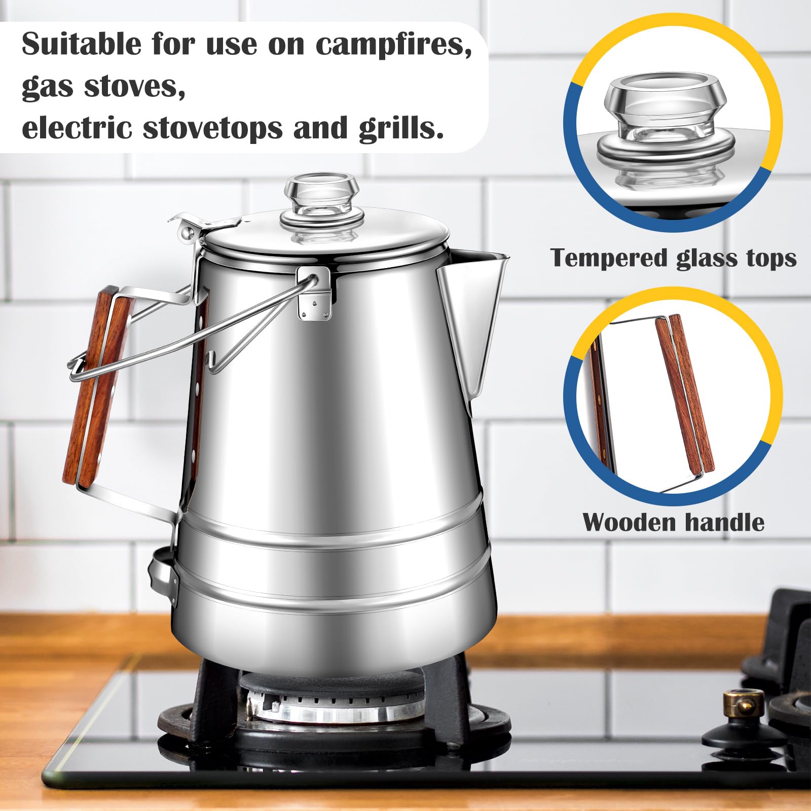 Tioncy 14-Cup Stainless Steel Stovetop Coffee Percolator with 4 Portable 12 oz Cups - Camping Coffee Maker Set for Outdoor Travel, Hiking & Campfire Brewing | Perfect for Backpacking, RV Trips & Picnics