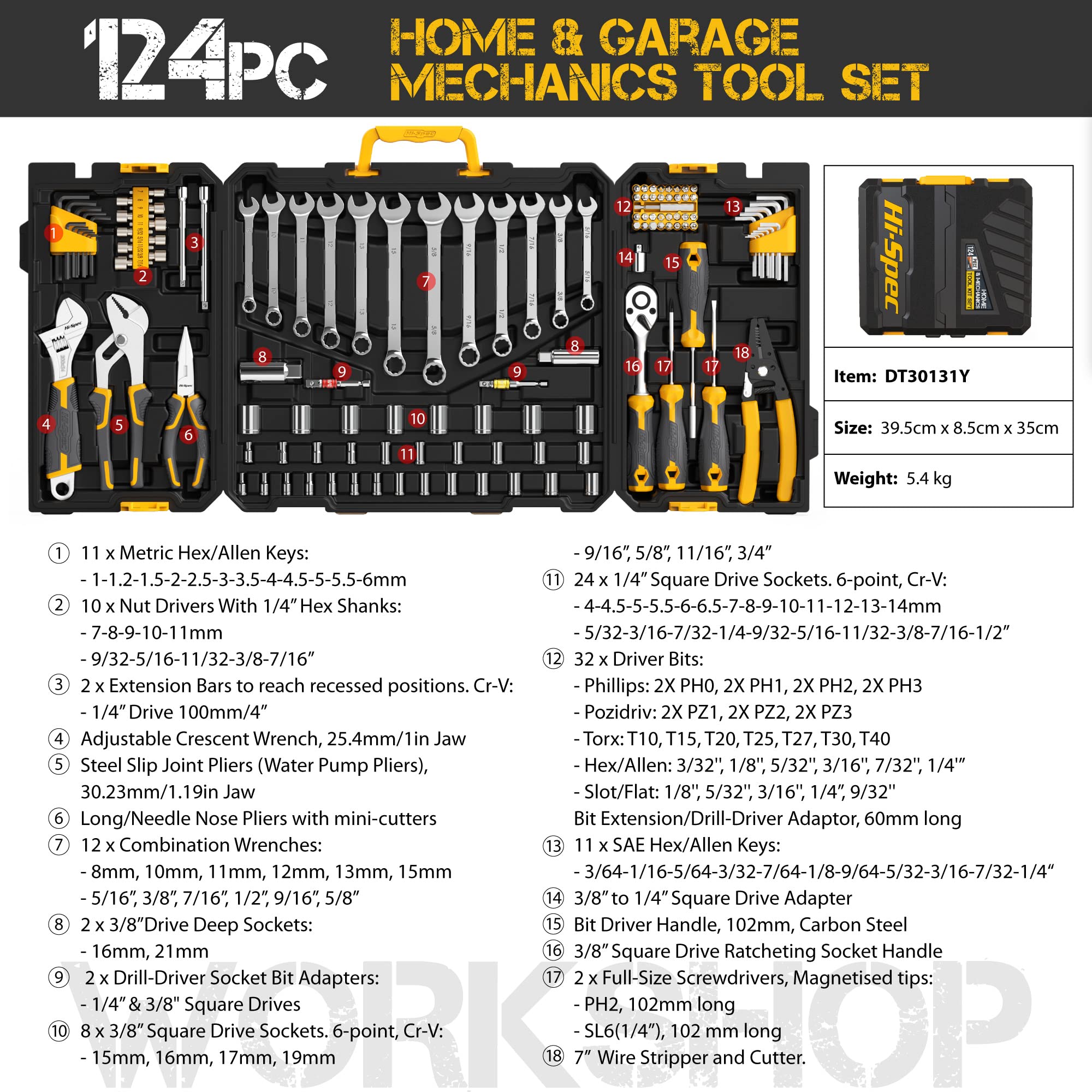 Hi-Spec 124-Piece Home & Garage Mechanics Tool Set - Complete Socket Wrench Kit for DIY Repairs & Auto Maintenance - Durable Plastic Storage Case Included - Perfect for Home Improvement, Car Repair & Professional Use