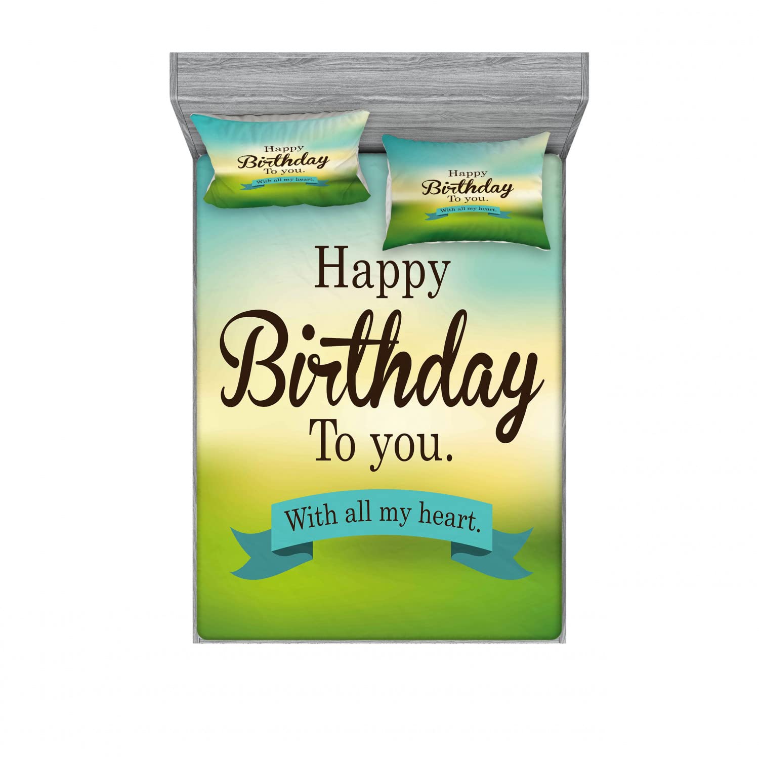 Ambesonne 2-Piece Queen Fitted Sheet & 4-Piece Pillow Sham Set - Birthday Celebration Bedding in Turquoise Green & Yellow - Perfect for Guest Rooms, Dorm Decor, and Special Occasion Gifts