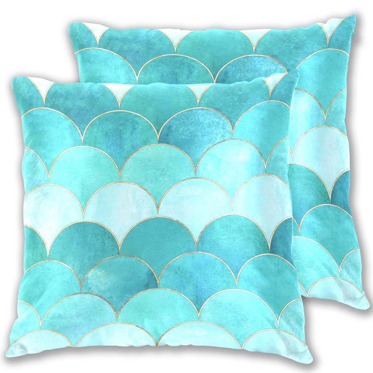Mermaid Fish Scale Wave Japanese Decorative Pillow Covers - 2 Pack 20x20 Inches Zippered Throw Pillow Cases for Couch, Bed, Living Room - Boho Home Decor & Coastal Beach House Styling
